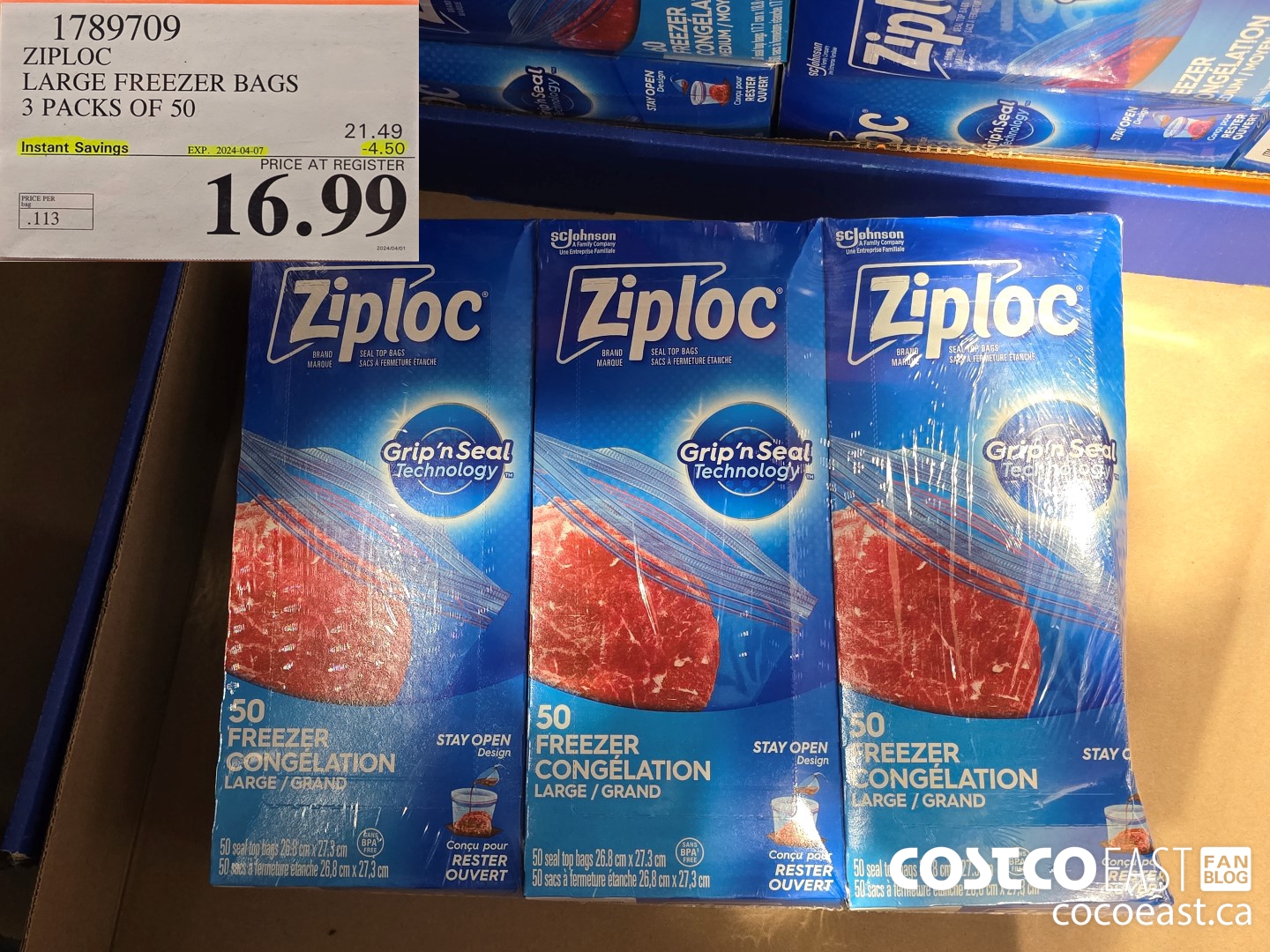1789709 ZIPLOC LARGE FREEZER BAGS 3 PACKS OF BAGS 50 ($4.50 INSTANT SAVINGS EXPIRES ON 2024-04-07) $16.99