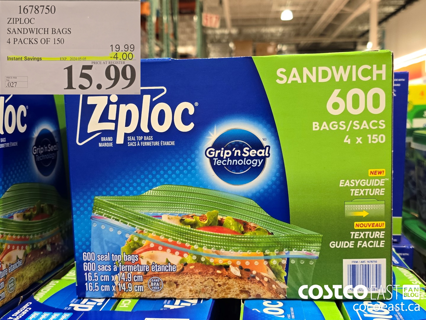 1678750 ZIPLOC SANDWICH BAGS 4 PACKS OF 150 ($4.00 INSTANT SAVINGS EXPIRES ON 2024-05-05) $15.99