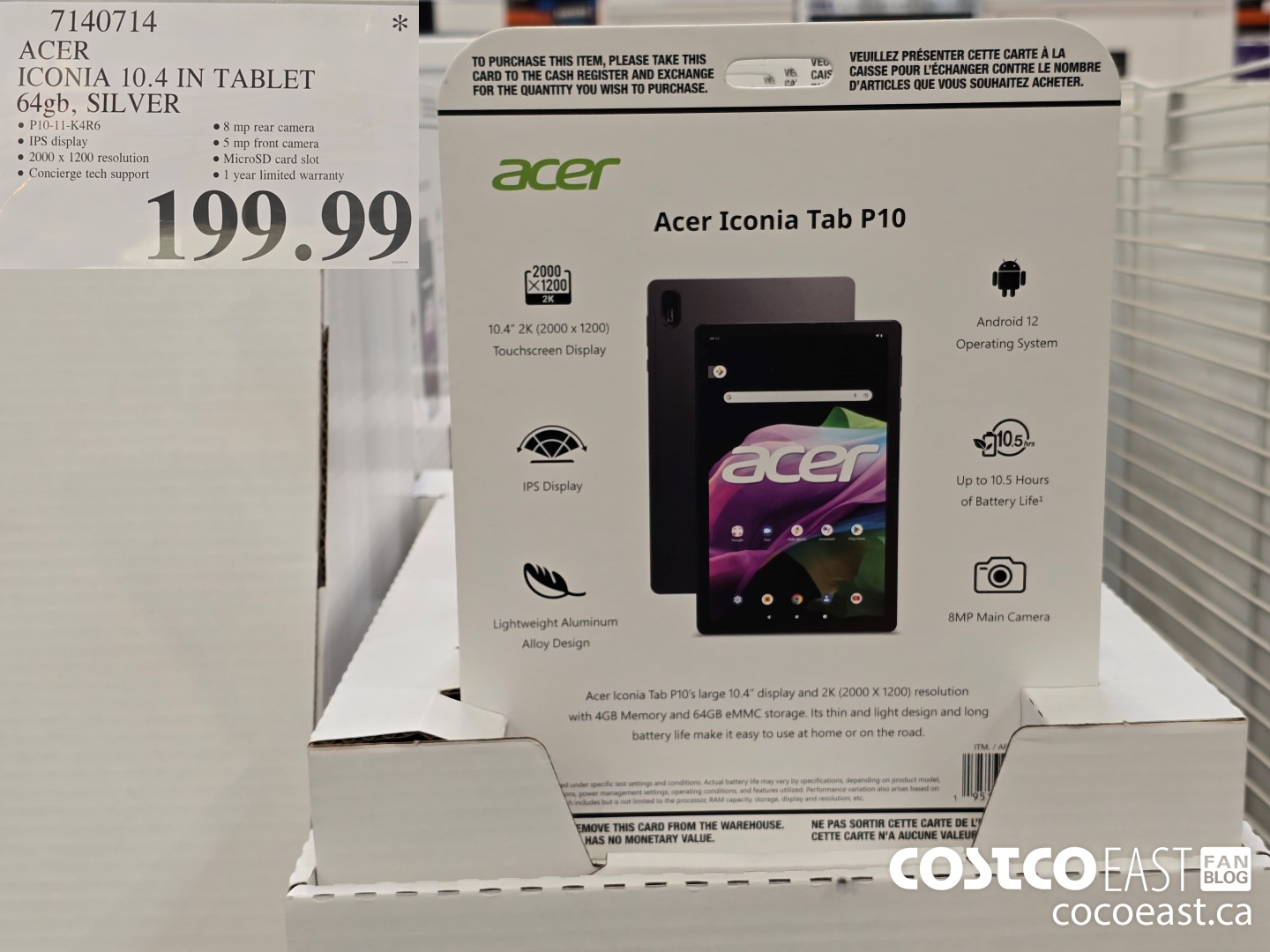 7140714 ACER ICONIA 10.4 IN TABLET 64GB, SILVER $199.99