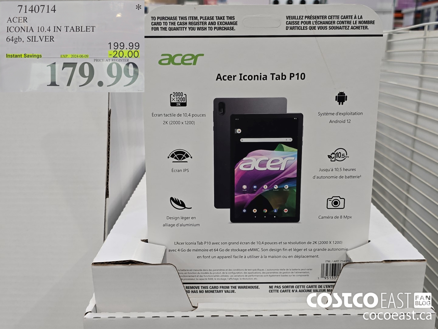 7140714 ACER ICONIA 10.4 IN TABLET 64GB, SILVER ($20.00 INSTANT SAVINGS EXPIRES ON 2024-06-09) $179.99