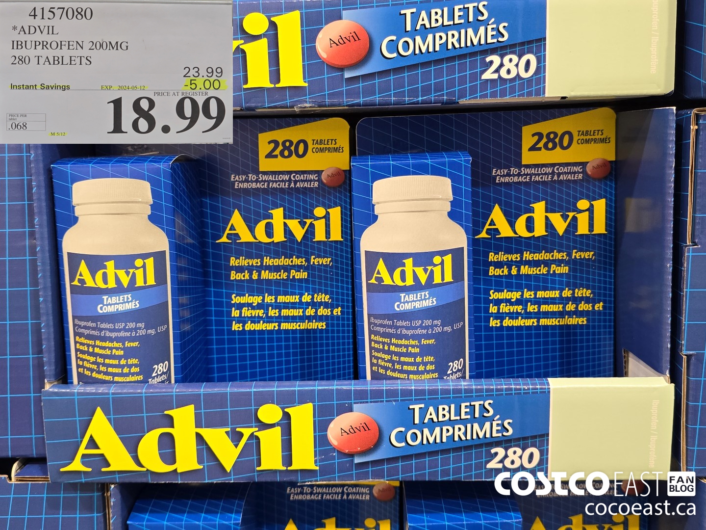 4157080 ADVIL IBUPROFEN 200MG 280 TABLETS ($5.00 INSTANT SAVINGS EXPIRES ON 2024-05-12) $18.99