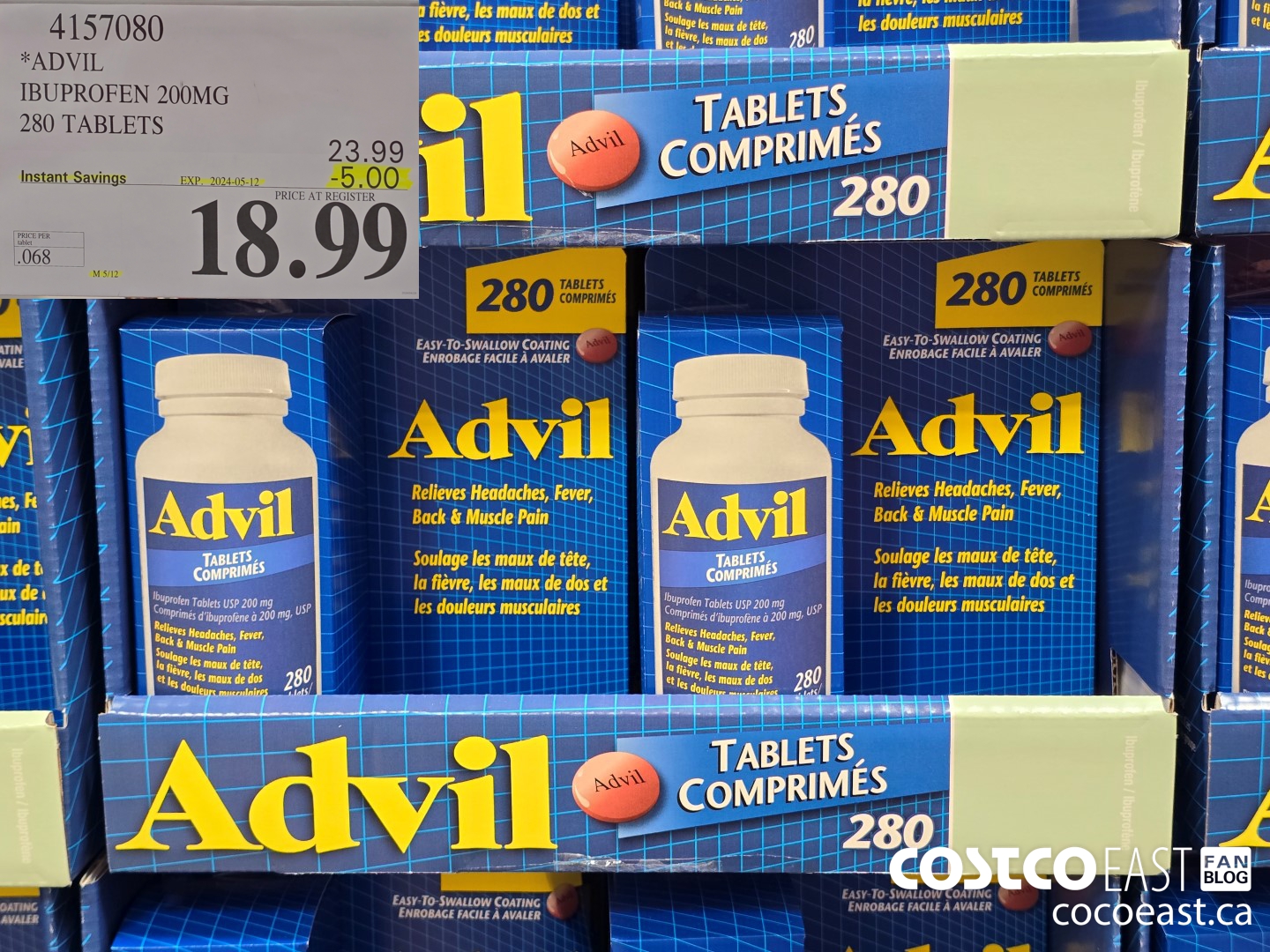 4157080 ADVIL IBUPROFEN 200MG 280 TABLETS ($5.00 INSTANT SAVINGS EXPIRES ON 2024-05-12) $18.99