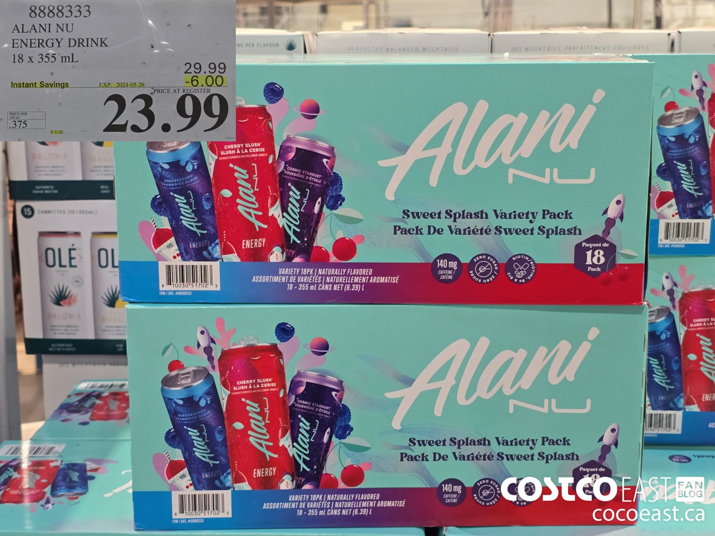 8888333 ALANI NU ENERGY DRINK 18 X 355 ML ($6.00 INSTANT SAVINGS EXPIRES ON 2024-05-26) $23.99