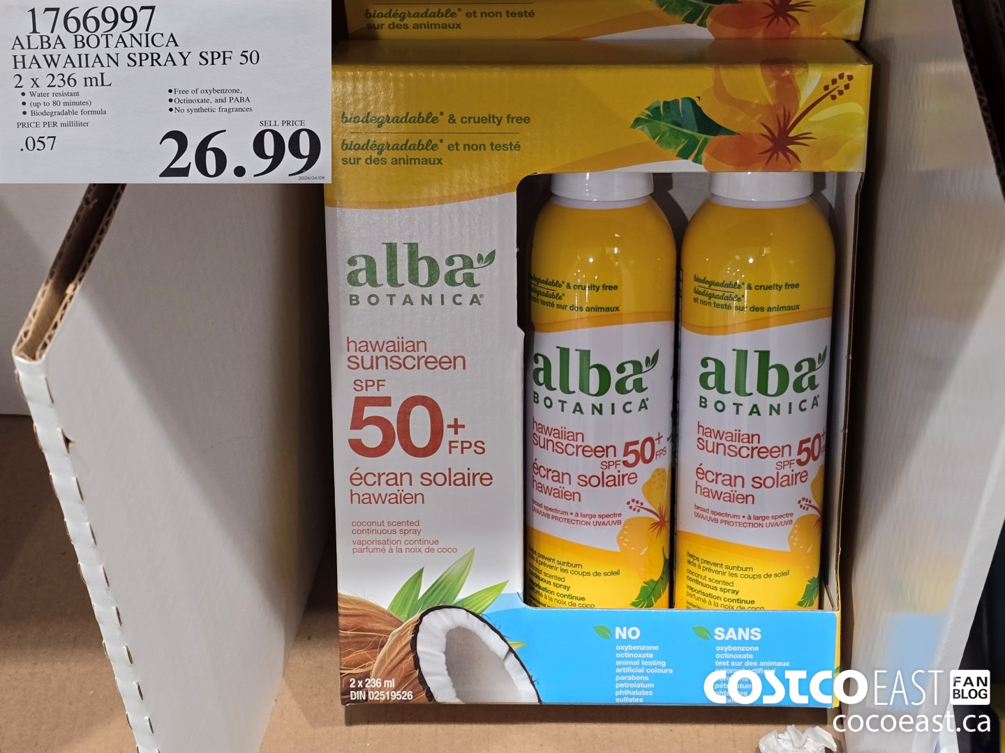 1766997 ALBA BOTANICA HAWAIIAN SPRAY SPF 50 2 X 236 ML $26.99