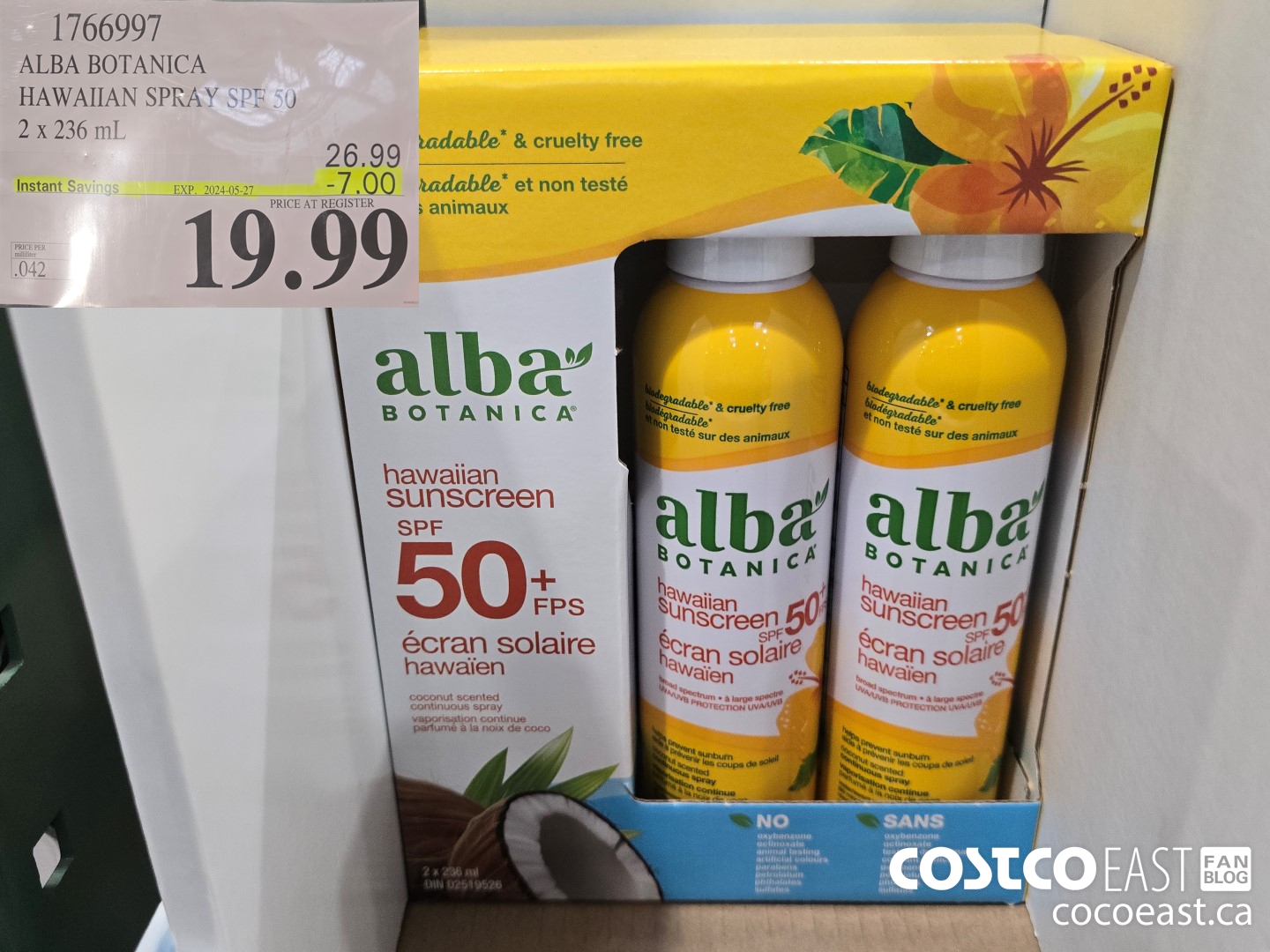 1766997 ALBA BOTANICA HAWAIIAN SPRAY SPF 50 2 X 236 ML ($7.00 INSTANT SAVINGS EXPIRES ON 2024-05-27) $19.99