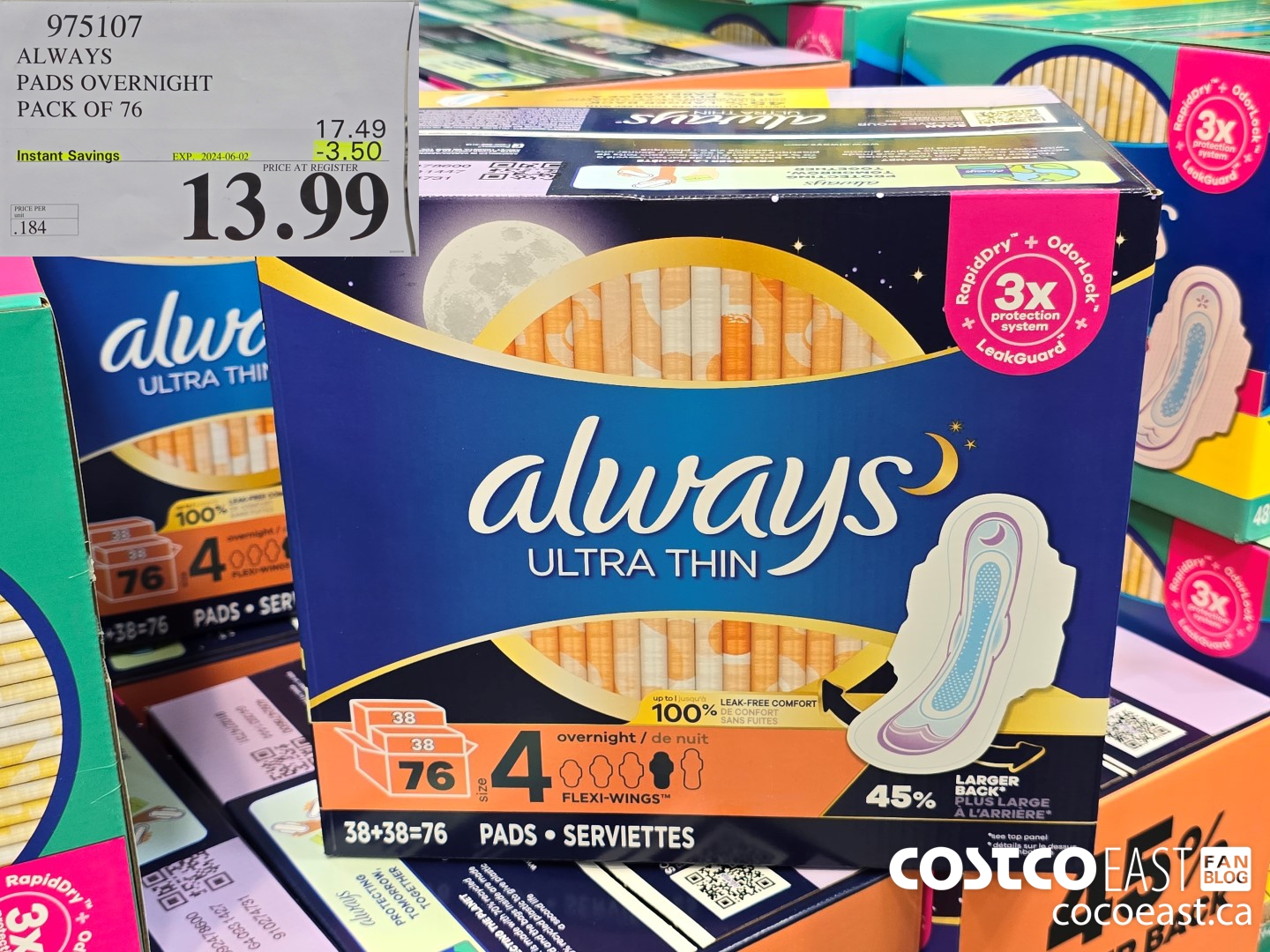 975107 ALWAYS ULTRA THIN PADS OVERNIGHT PACK OF 76 ($3.50 INSTANT SAVINGS EXPIRES ON 2024-06-02) $13.99