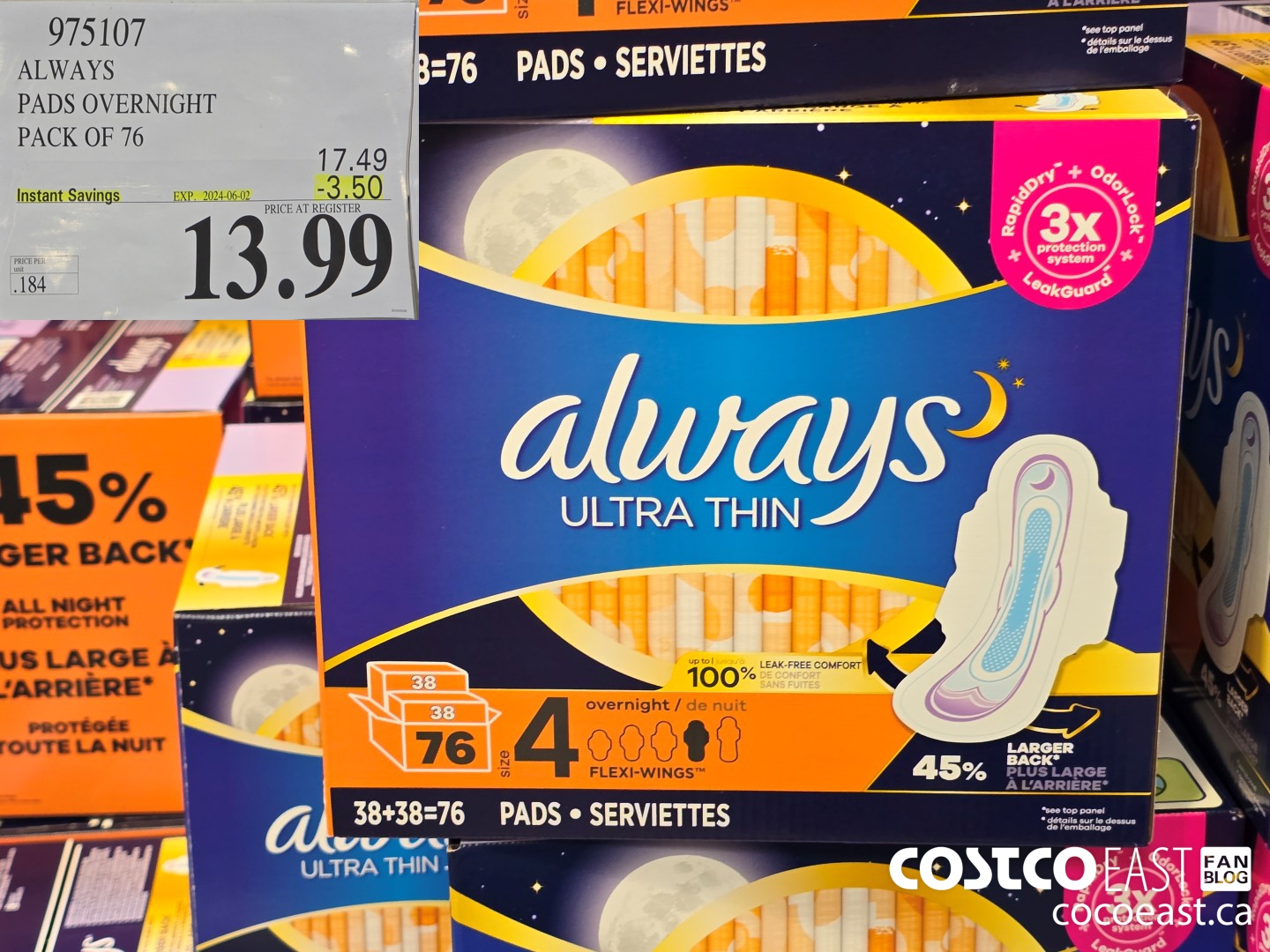 975107 ALWAYS ULTRA THIN PADS OVERNIGHT PACK OF 76 ($3.50 INSTANT SAVINGS EXPIRES ON 2024-06-02) $13.99