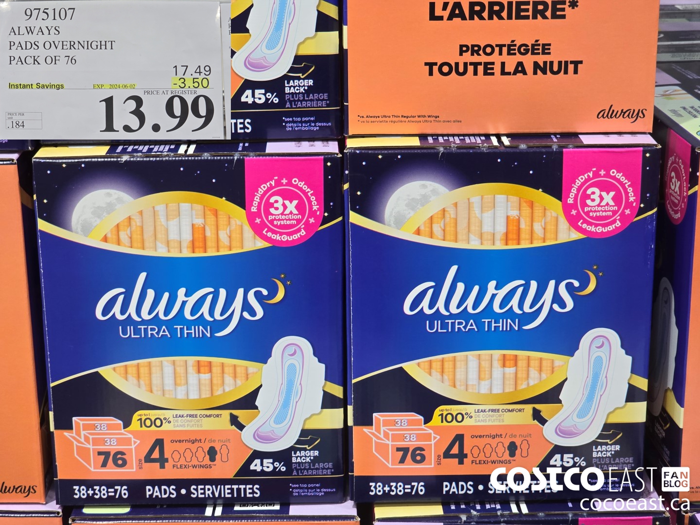 975107 ALWAYS ULTRA THIN PADS OVERNIGHT PACK OF 76 ($3.50 INSTANT SAVINGS EXPIRES ON 2024-06-02) $13.99