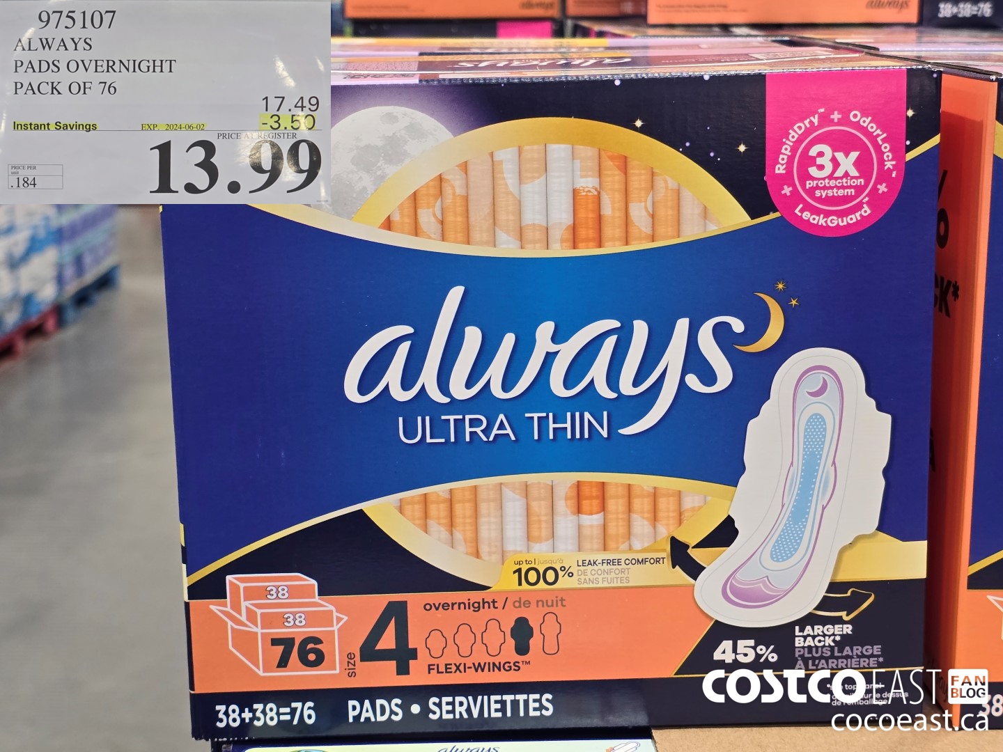 975107 ALWAYS ULTRA THIN PADS OVERNIGHT PACK OF 76 ($3.50 INSTANT SAVINGS EXPIRES ON 2024-06-02) $13.99