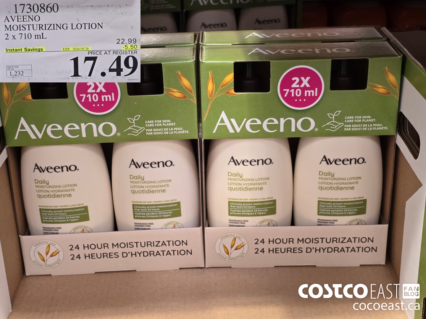 1730860 AVEENO MOISTURIZING LOTION 2 X 710 ML ($5.50 INSTANT SAVINGS EXPIRES ON 2024-05-26) $17.49