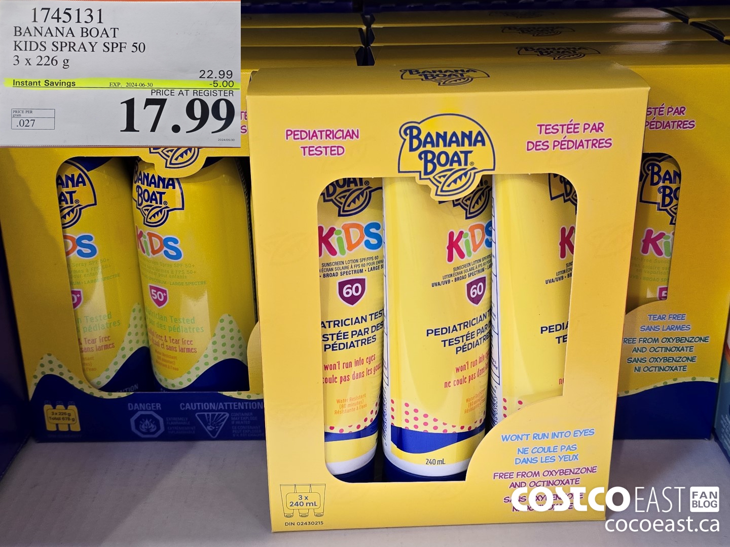 1745131 BANANA BOAT KIDS SPRAY SPF 50 3 X 226 G ($5.00 INSTANT SAVINGS EXPIRES ON 2024-06-30) $17.99