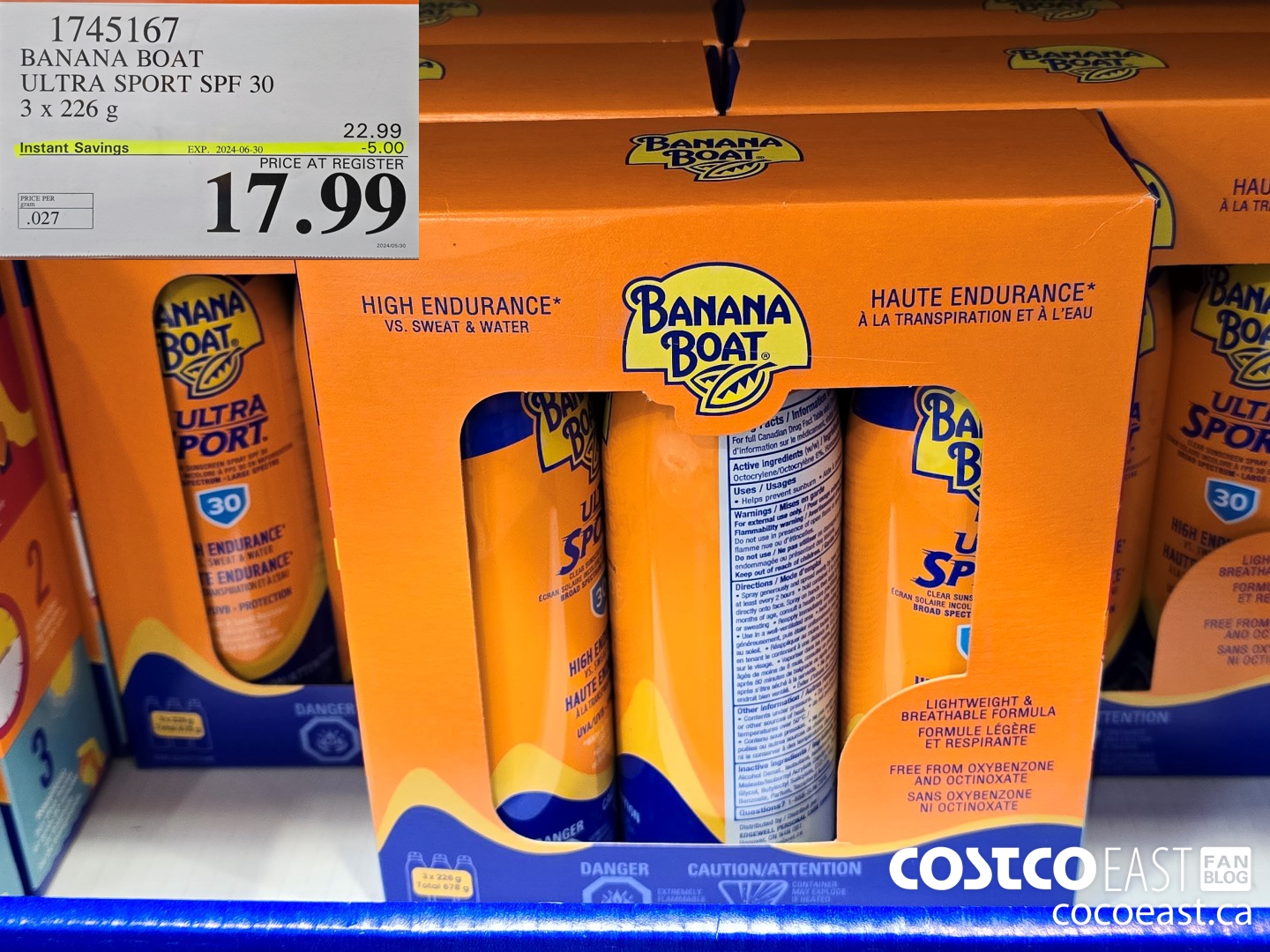 1745167 BANANA BOAT ULTRA SPORT SPF 30 3 X 226 G ($5.00 INSTANT SAVINGS EXPIRES ON 2024-06-30) $17.99