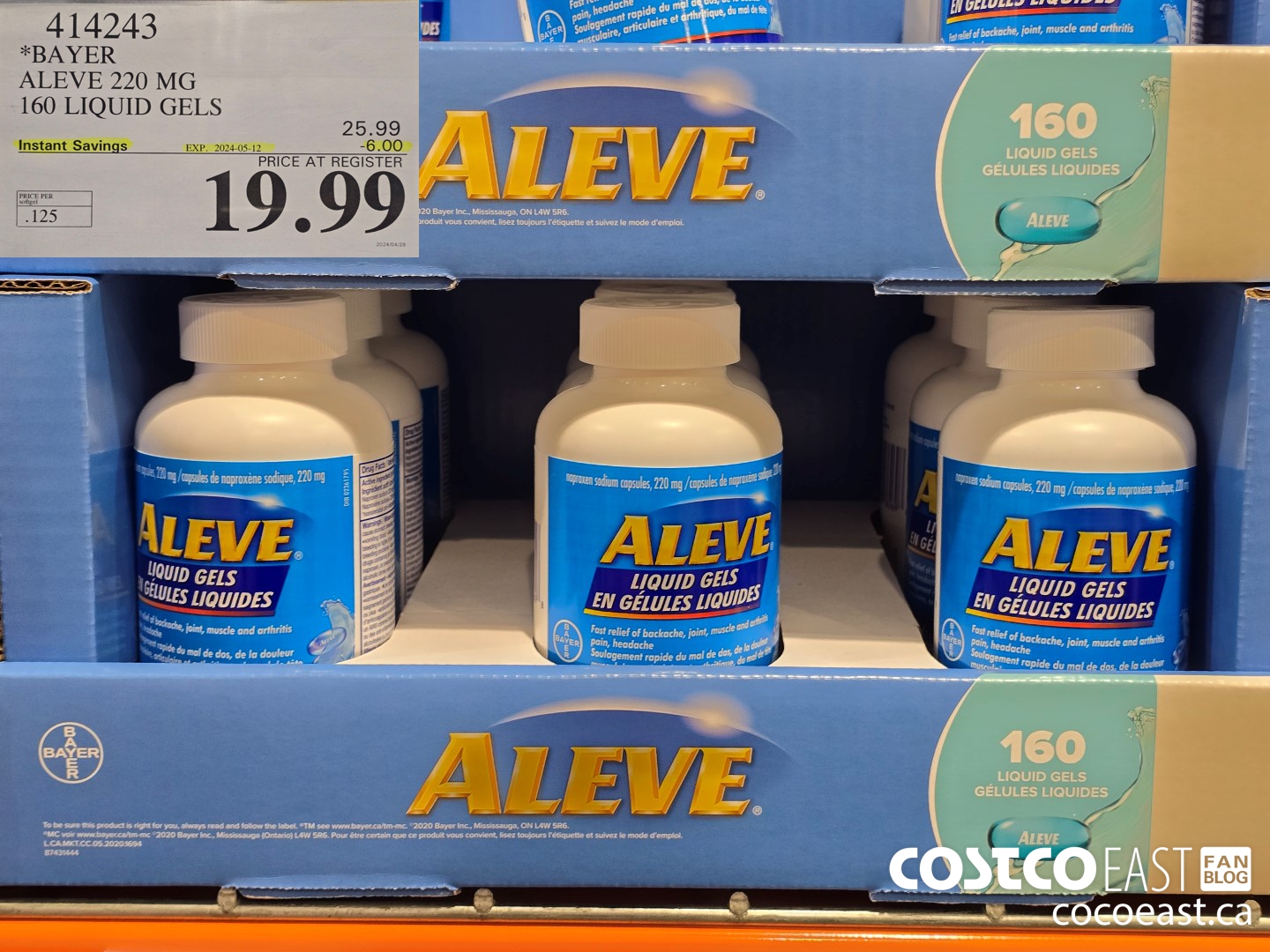 414243 BAYER ALEVE 220 MG 160 LIQUID GELS ($6.00 INSTANT SAVINGS EXPIRES ON 2024-05-12) $19.99