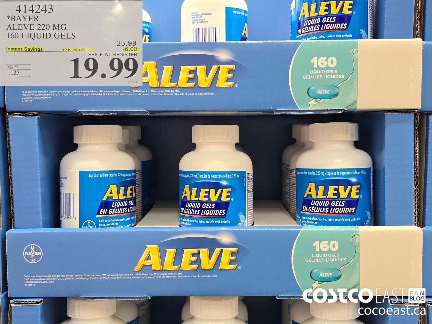 414243 BAYER ALEVE 220 MG 160 LIQUID GELS ($6.00 INSTANT SAVINGS EXPIRES ON 2024-05-12) $19.99