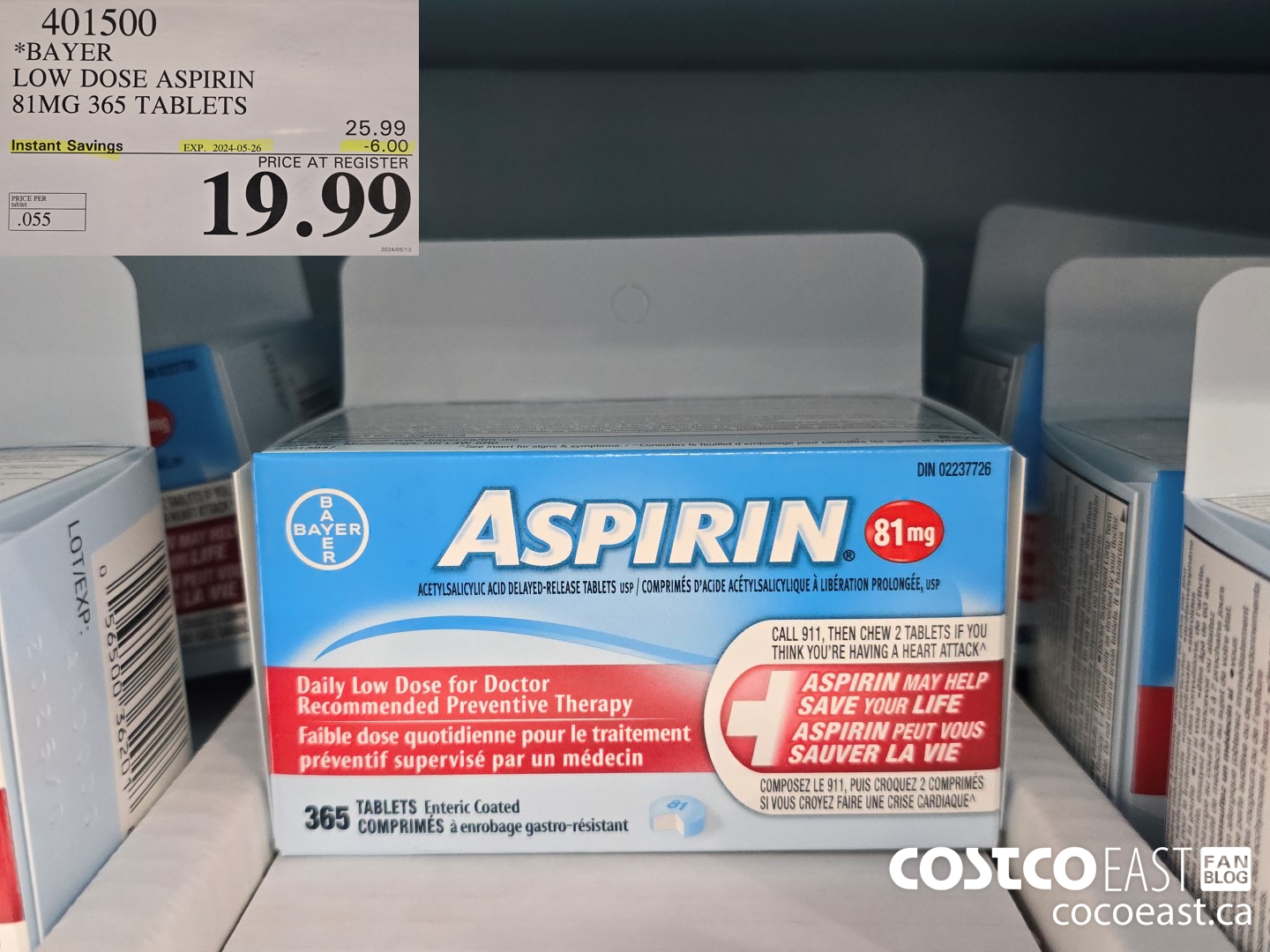 401500 BAYER LOW DOSE ASPIRIN 81MG 365 TABLETS ($6.00 INSTANT SAVINGS EXPIRES ON 2024-05-26) $19.99