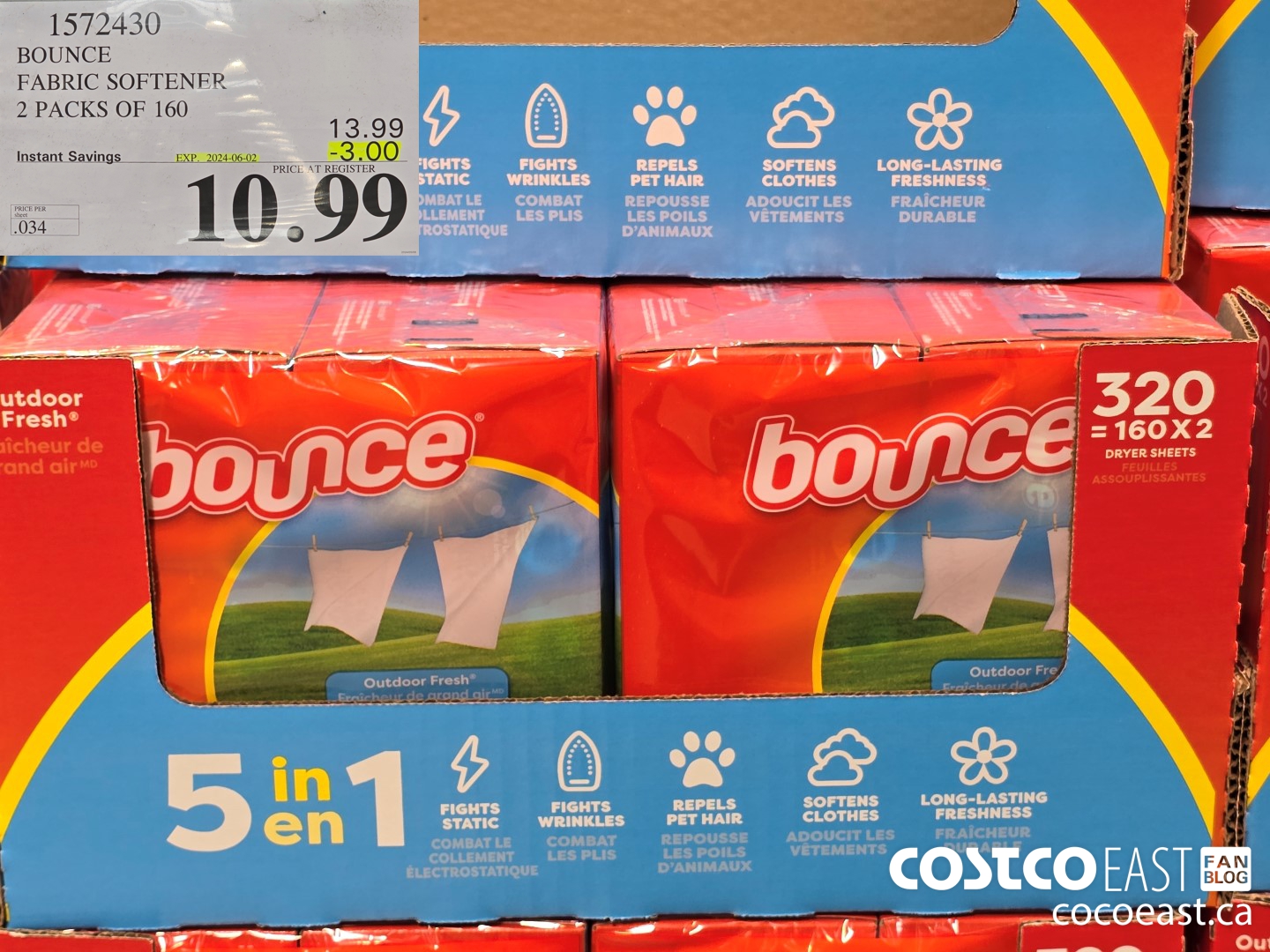 1572430 BOUNCE FABRIC SOFTENER 2 PACKS OF 160 ($3.00 INSTANT SAVINGS EXPIRES ON 2024-06-02) $10.99