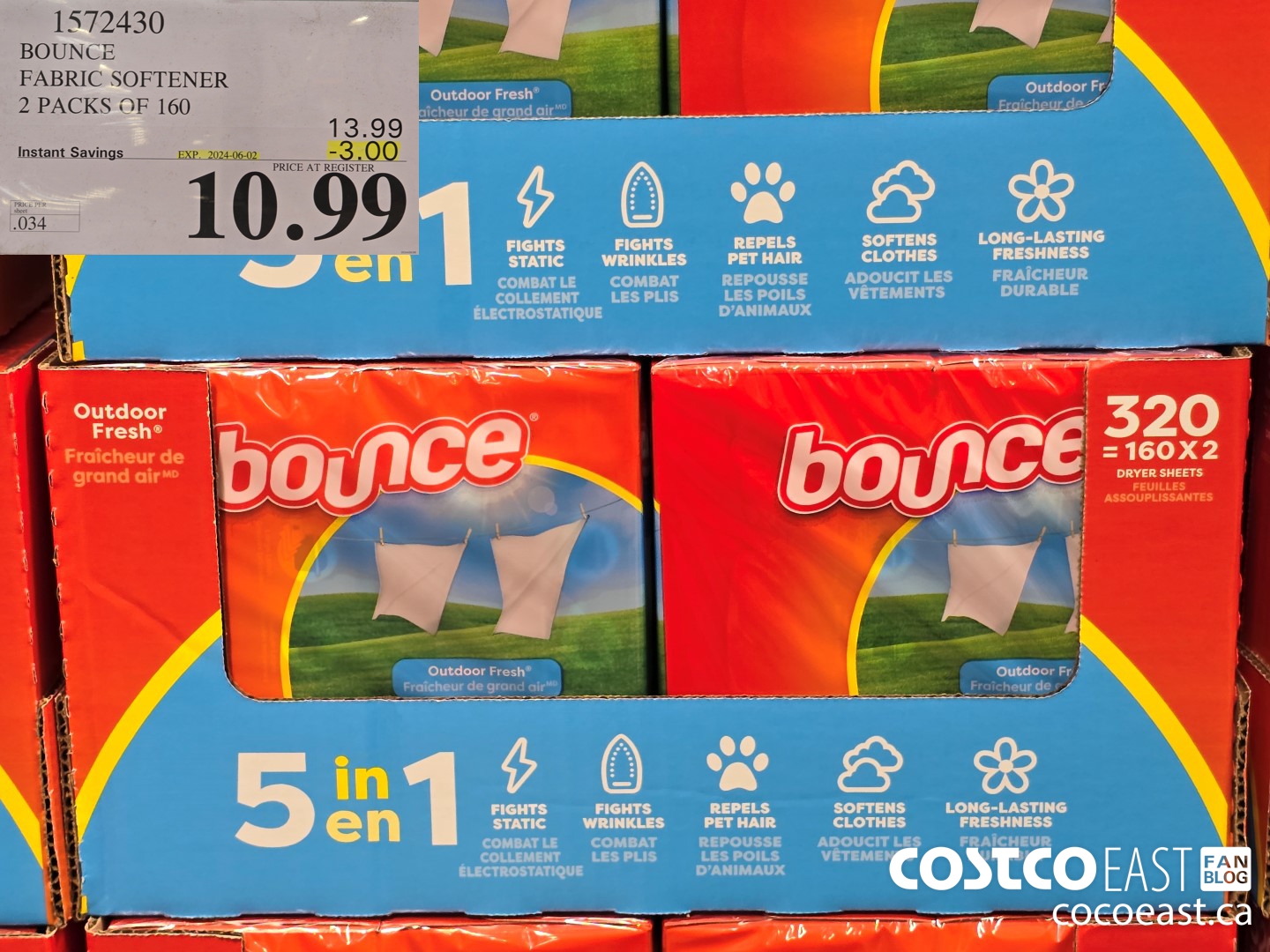 1572430 BOUNCE FABRIC SOFTENER 2 PACKS OF 160 ($3.00 INSTANT SAVINGS EXPIRES ON 2024-06-02) $10.99