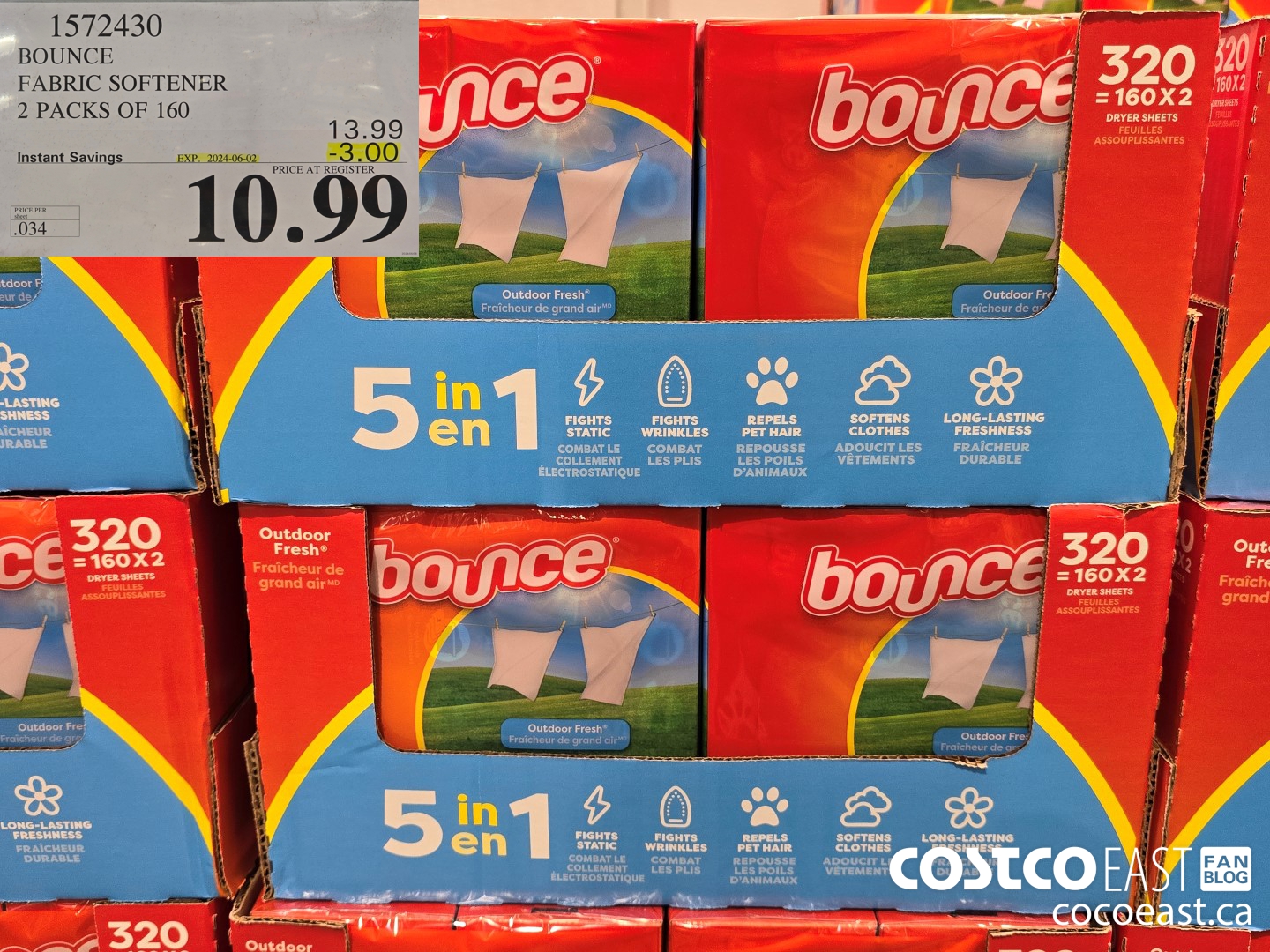 1572430 BOUNCE FABRIC SOFTENER 2 PACKS OF 160 ($3.00 INSTANT SAVINGS EXPIRES ON 2024-06-02) $10.99
