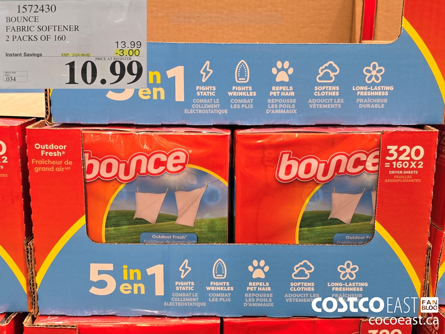 1572430 BOUNCE FABRIC SOFTENER 2 PACKS OF 160 ($3.00 INSTANT SAVINGS EXPIRES ON 2024-06-02) $10.99