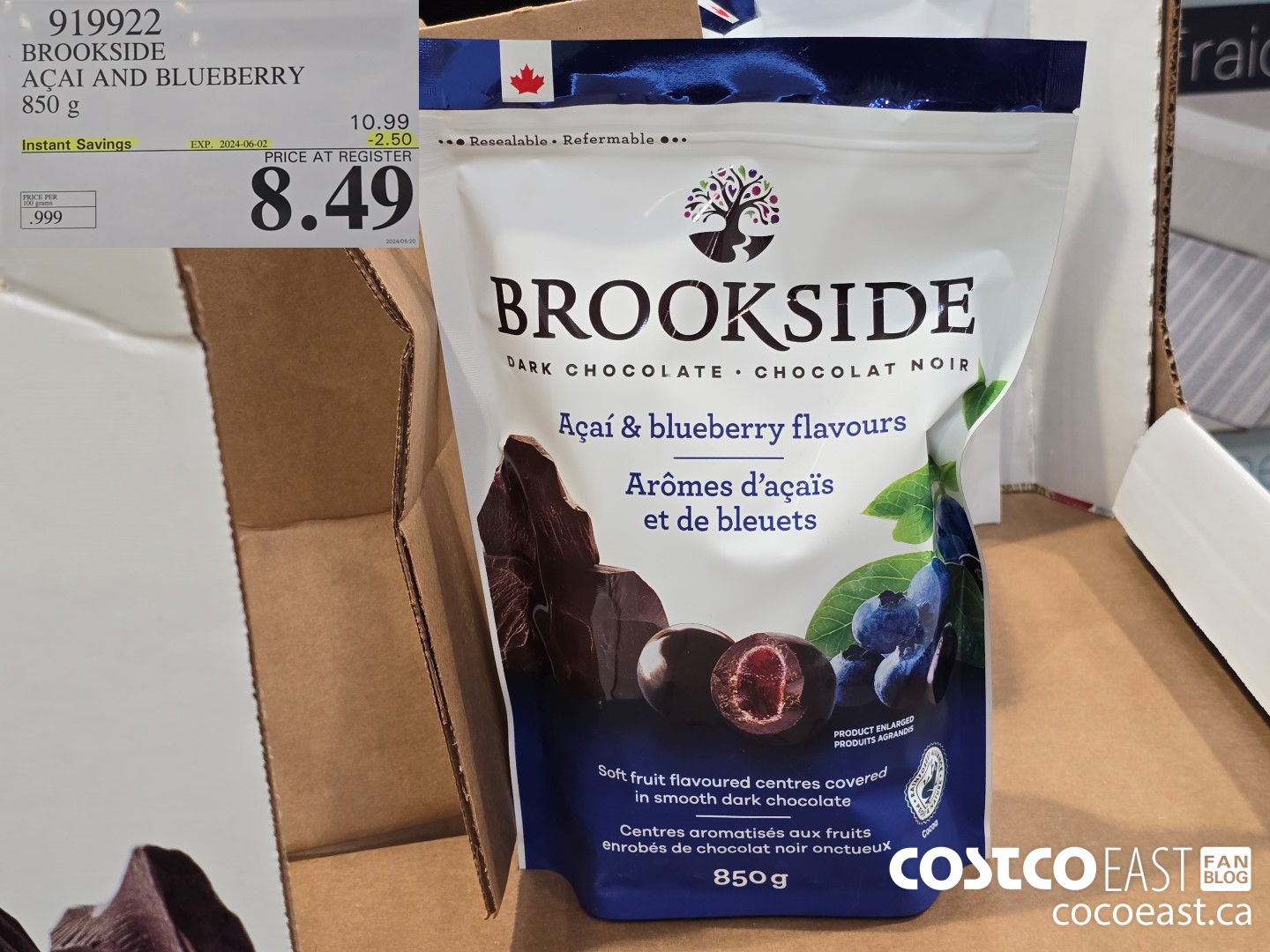919922 BROOKSIDE ACAI AND BLUEBERRY 850 G ($2.50 INSTANT SAVINGS EXPIRES ON 2024-06-02) $8.49