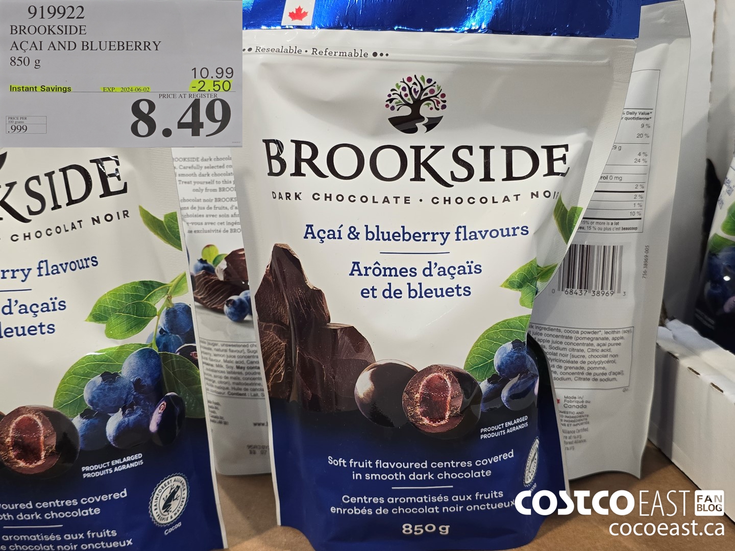 919922 BROOKSIDE ACAI AND BLUEBERRY 850 G ($2.50 INSTANT SAVINGS EXPIRES ON 2024-06-02) $8.49