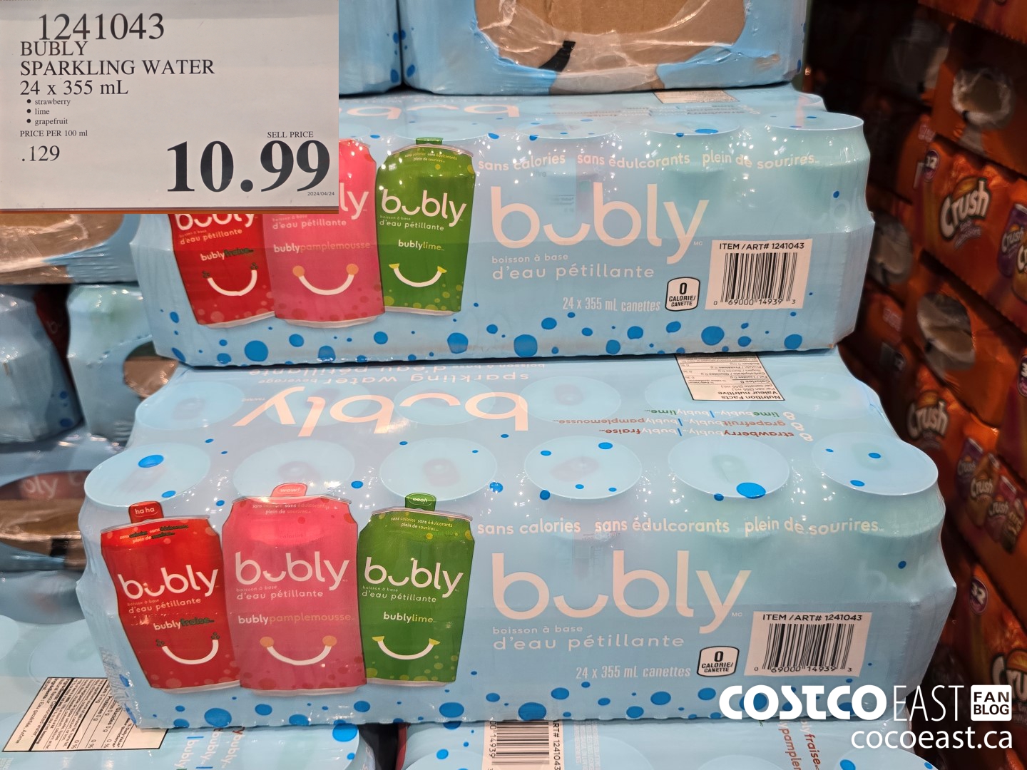 1241043 BUBLY SPARKLING WATER 24 x 355 mL $10.99