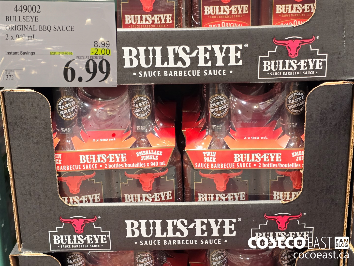 449002 BULLSEYE ORIGINAL BBQ SAUCE 2 X 940 ML ($2.00 INSTANT SAVINGS EXPIRES ON 2024-06-02) $6.99