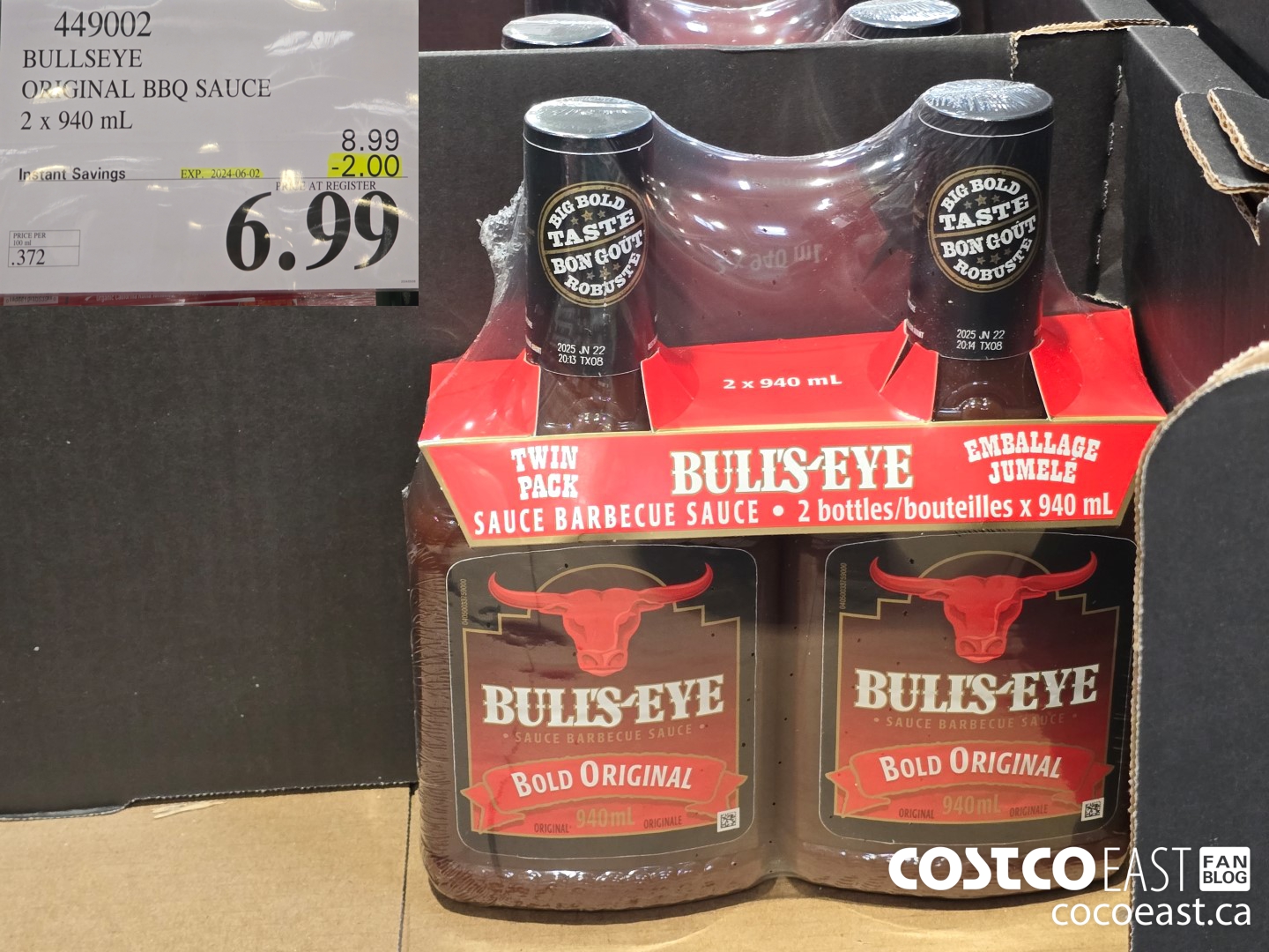 449002 BULLSEYE ORIGINAL BBQ SAUCE 2 X 940 ML ($2.00 INSTANT SAVINGS EXPIRES ON 2024-06-02) $6.99