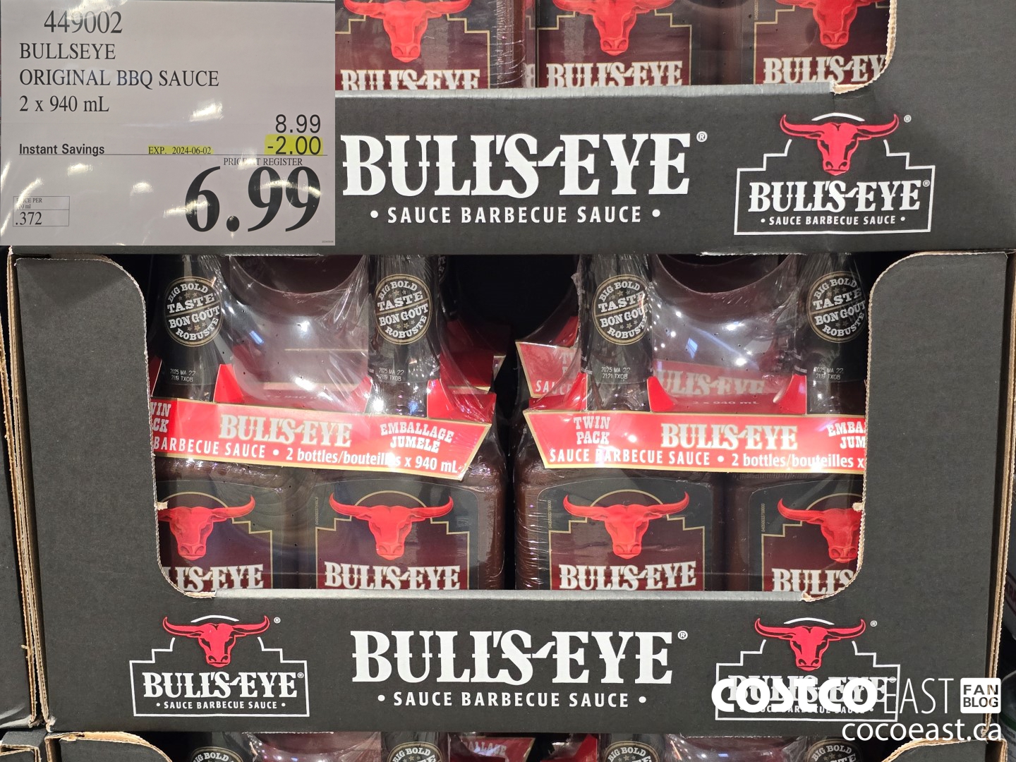 449002 BULLSEYE ORIGINAL BBQ SAUCE 2 X 940 ML ($2.00 INSTANT SAVINGS EXPIRES ON 2024-06-02) $6.99