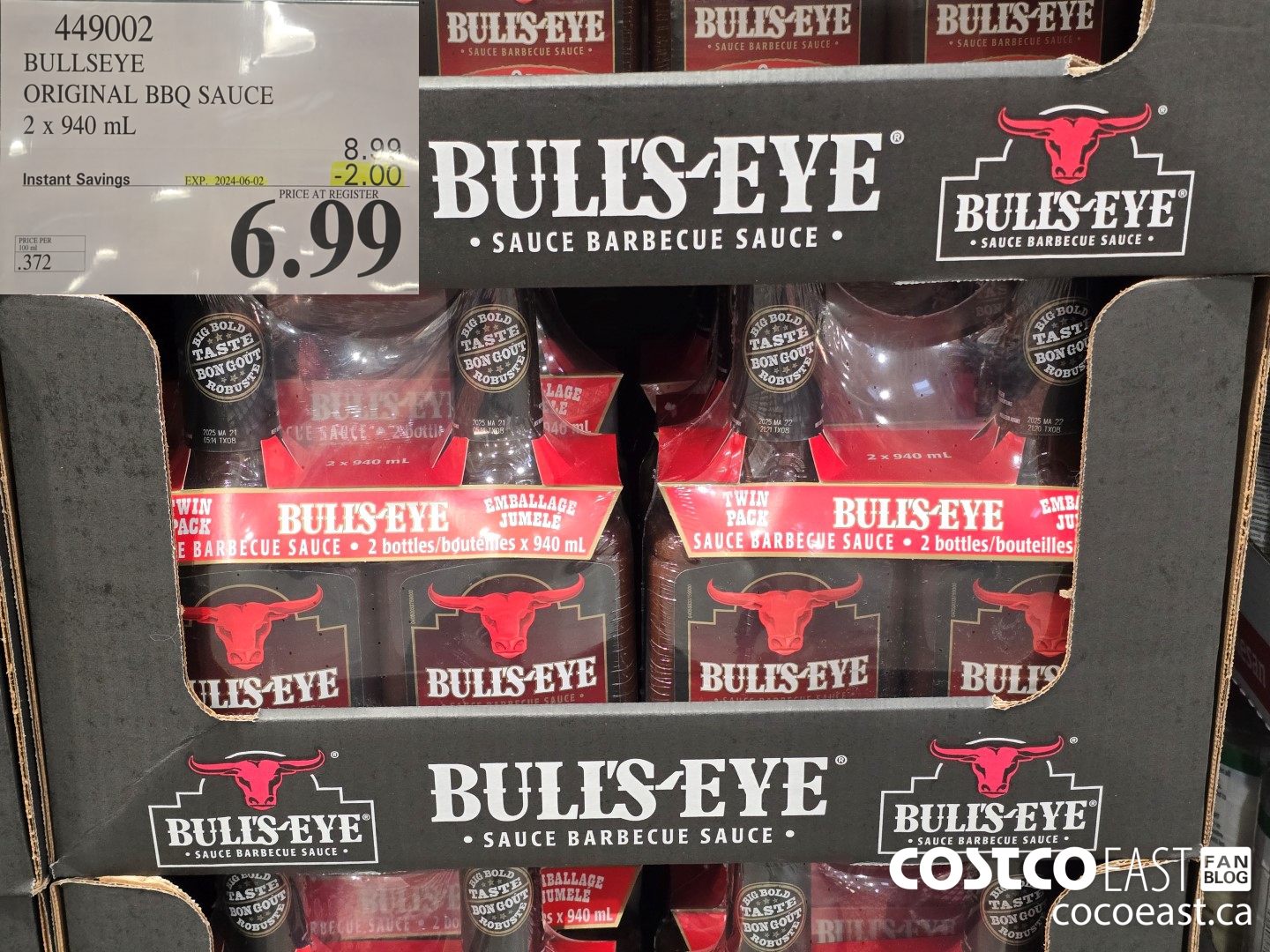 449002 BULLSEYE ORIGINAL BBQ SAUCE 2 X 940 ML ($2.00 INSTANT SAVINGS EXPIRES ON 2024-06-02) $6.99