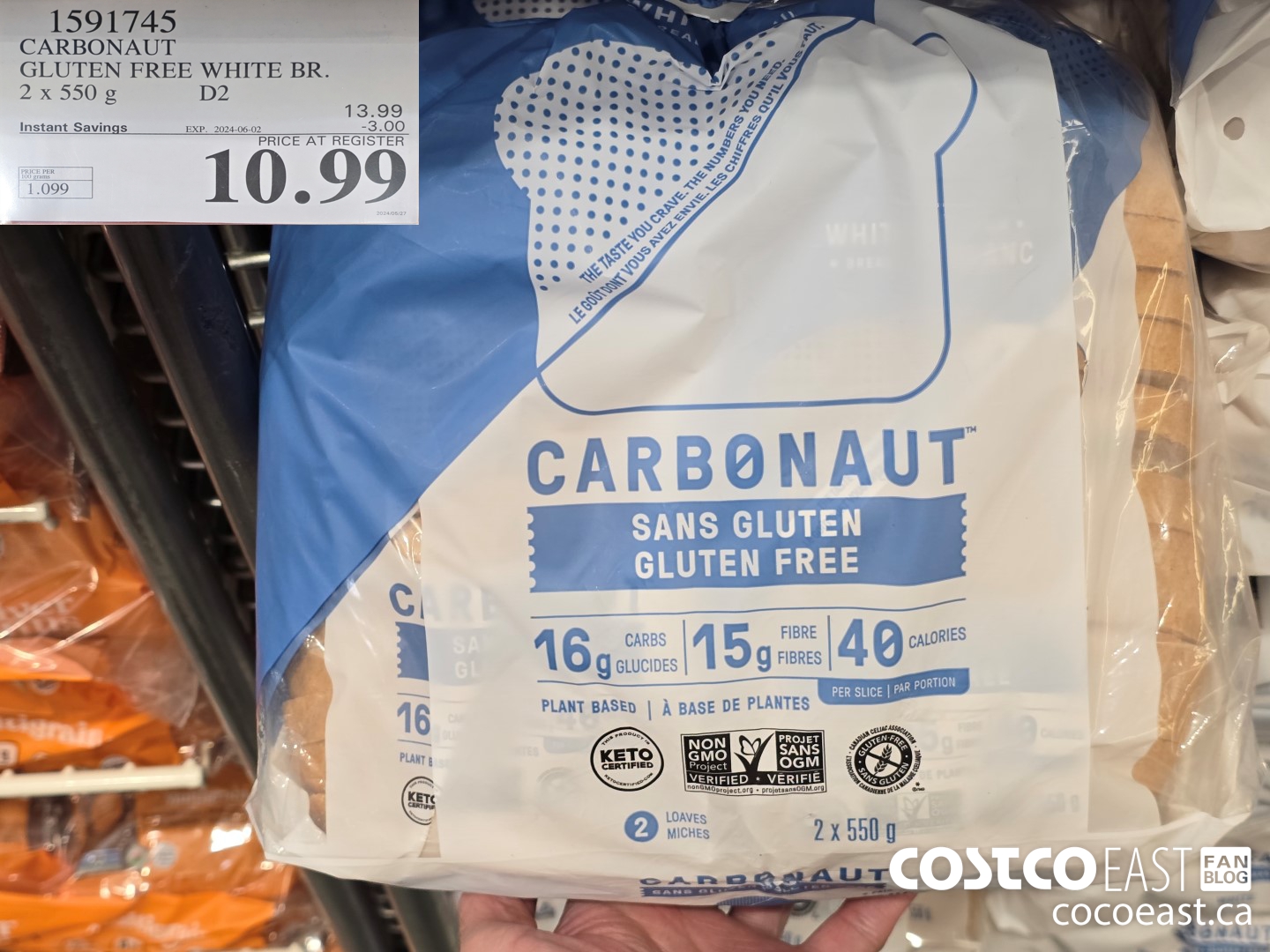 1591745 CARBONAUT GLUTEN FREE WHITE BR. 2 x 550 g ($3.00 INSTANT SAVINGS EXPIRES ON 2024-06-02) $10.99