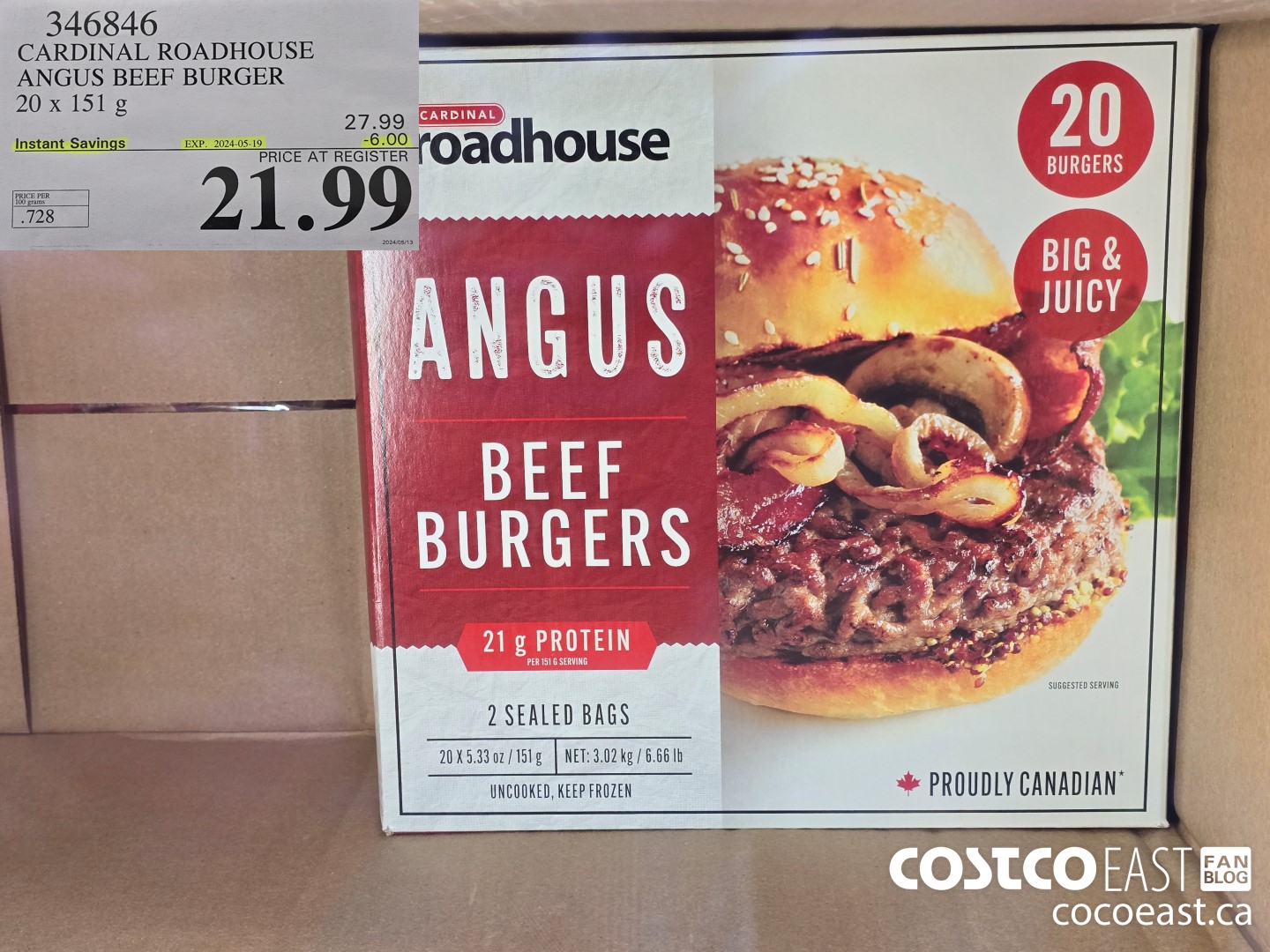 346846 CARDINAL ROADHOUSE ANGUS BEEF BURGER 20 X 151 G ($6.00 INSTANT SAVINGS EXPIRES ON 2024-05-19) $21.99