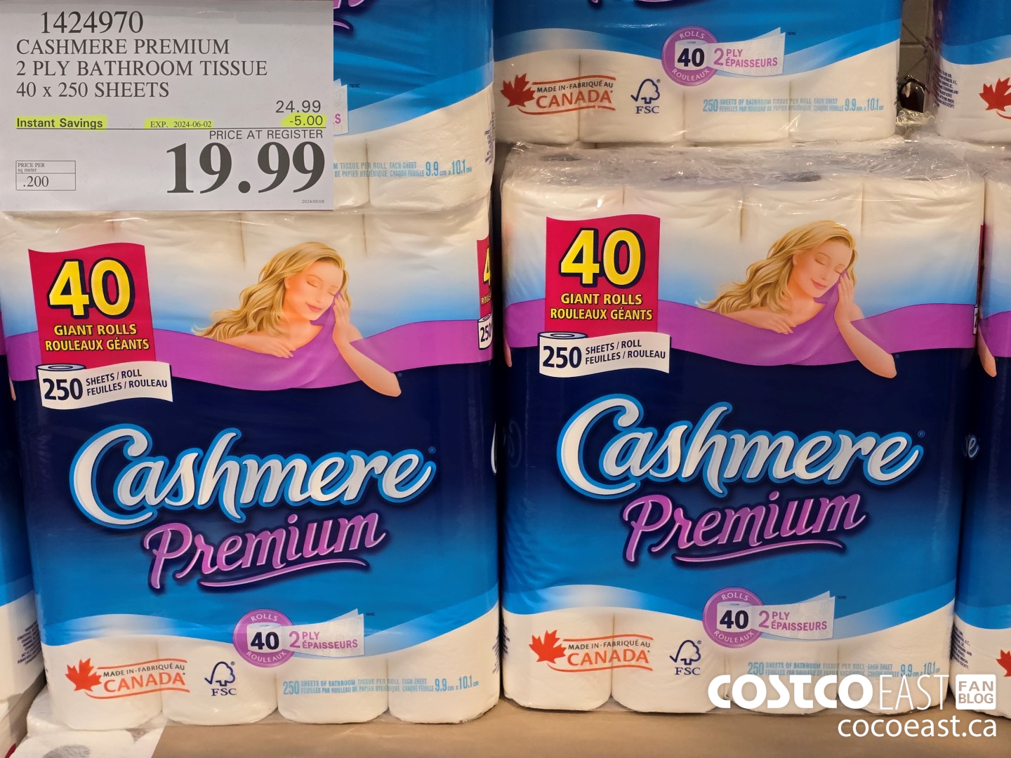 1424970 CASHMERE PREMIUM 2 PLY BATHROOM TISSUE 40 x 250 sheets ($5.00 INSTANT SAVINGS EXPIRES ON 2024-06-02) $19.99