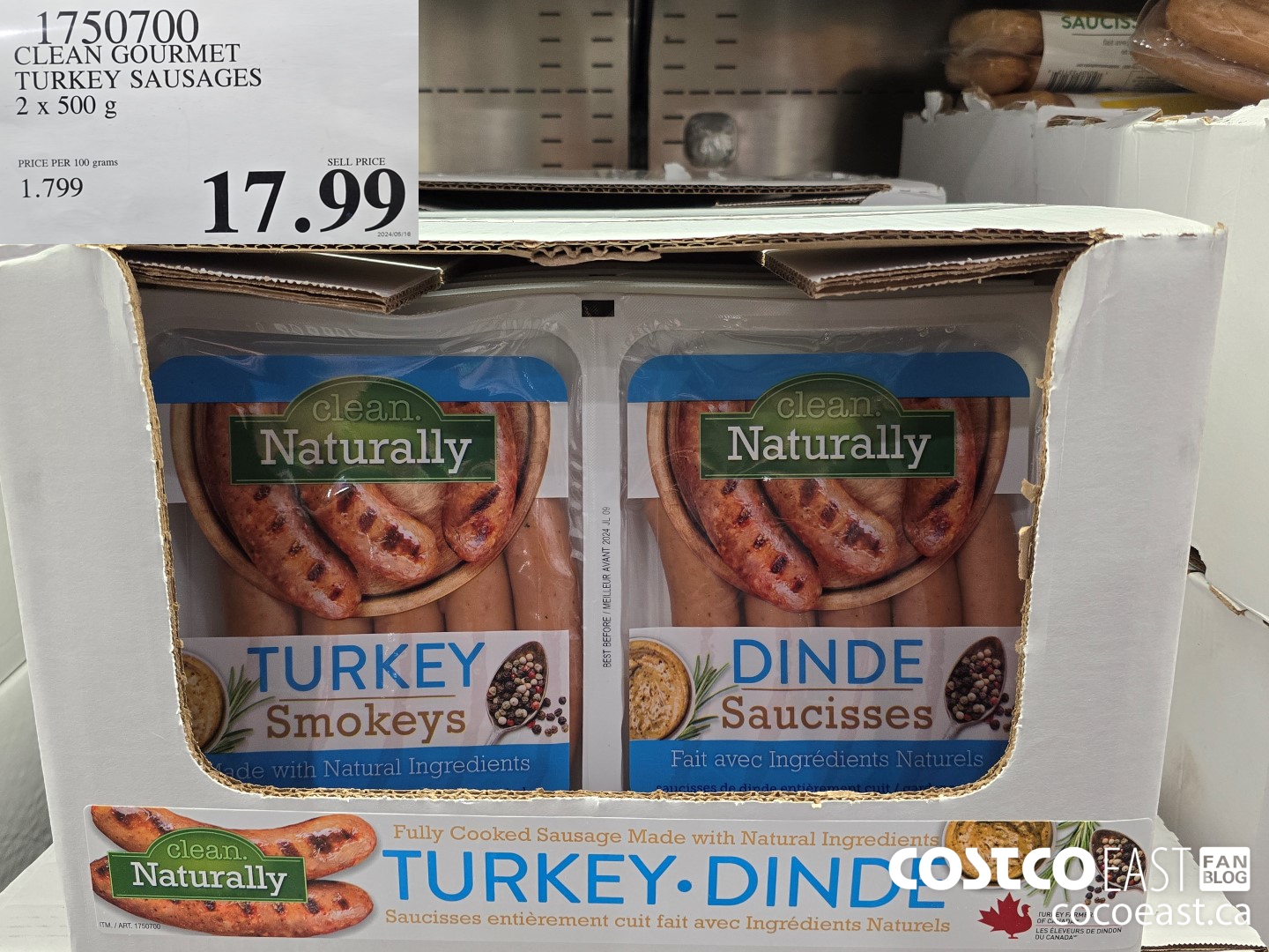 1750700 CLEAN GOURMET TURKEY SAUSAGES 2 X 500 G $17.99
