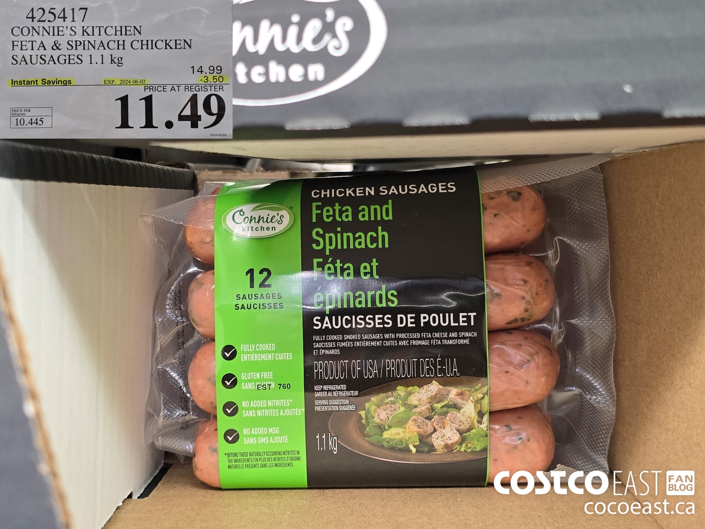 425417 CONNIE'S KITCHEN FETA & SPINACHCHICKEN SAUSAGES 1.1 KG ($3.50 INSTANT SAVINGS EXPIRES ON 2024-06-02) $11.49