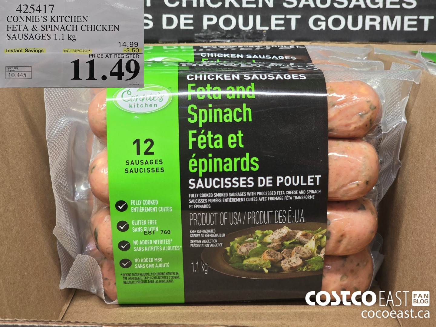 425417 CONNIE'S KITCHEN FETA & SPINACH CHICKEN SAUSAGES 1.1 KG ($3.50 INSTANT SAVINGS EXPIRES ON 2024-06-02) $11.49