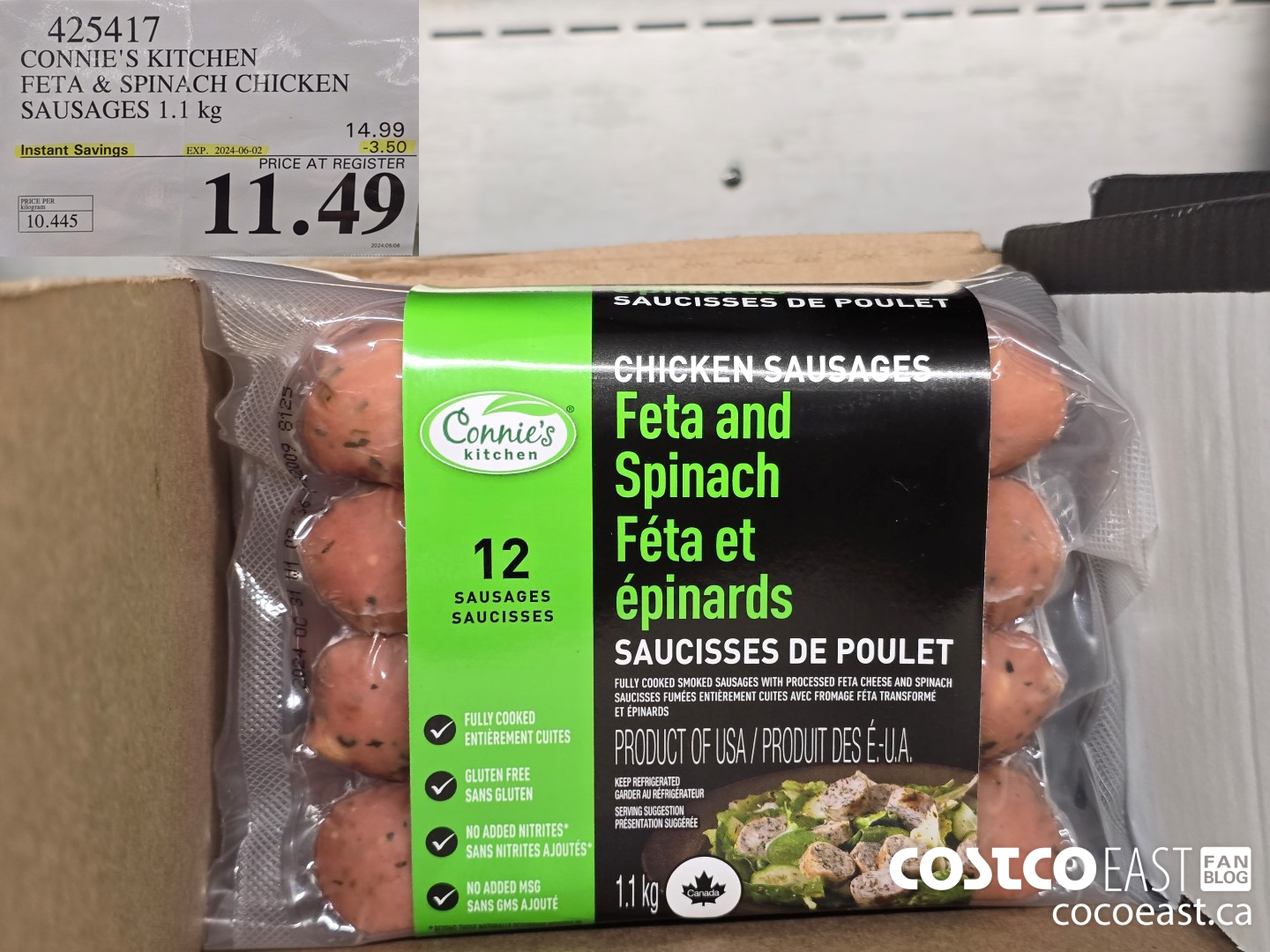 425417 CONNIE'S KITCHEN FETA & SPINACH CHICKEN SAUSAGES 1.1 KG ($3.50 INSTANT SAVINGS EXPIRES ON 2024-06-02) $11.49