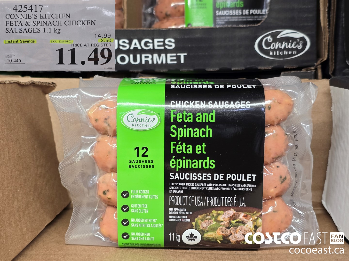 425417 CONNIE'S KITCHEN SPINACH AND FETA CHICKEN SAUSAGES 1.1 KG ($3.50 INSTANT SAVINGS EXPIRES ON 2024-06-02) $11.49