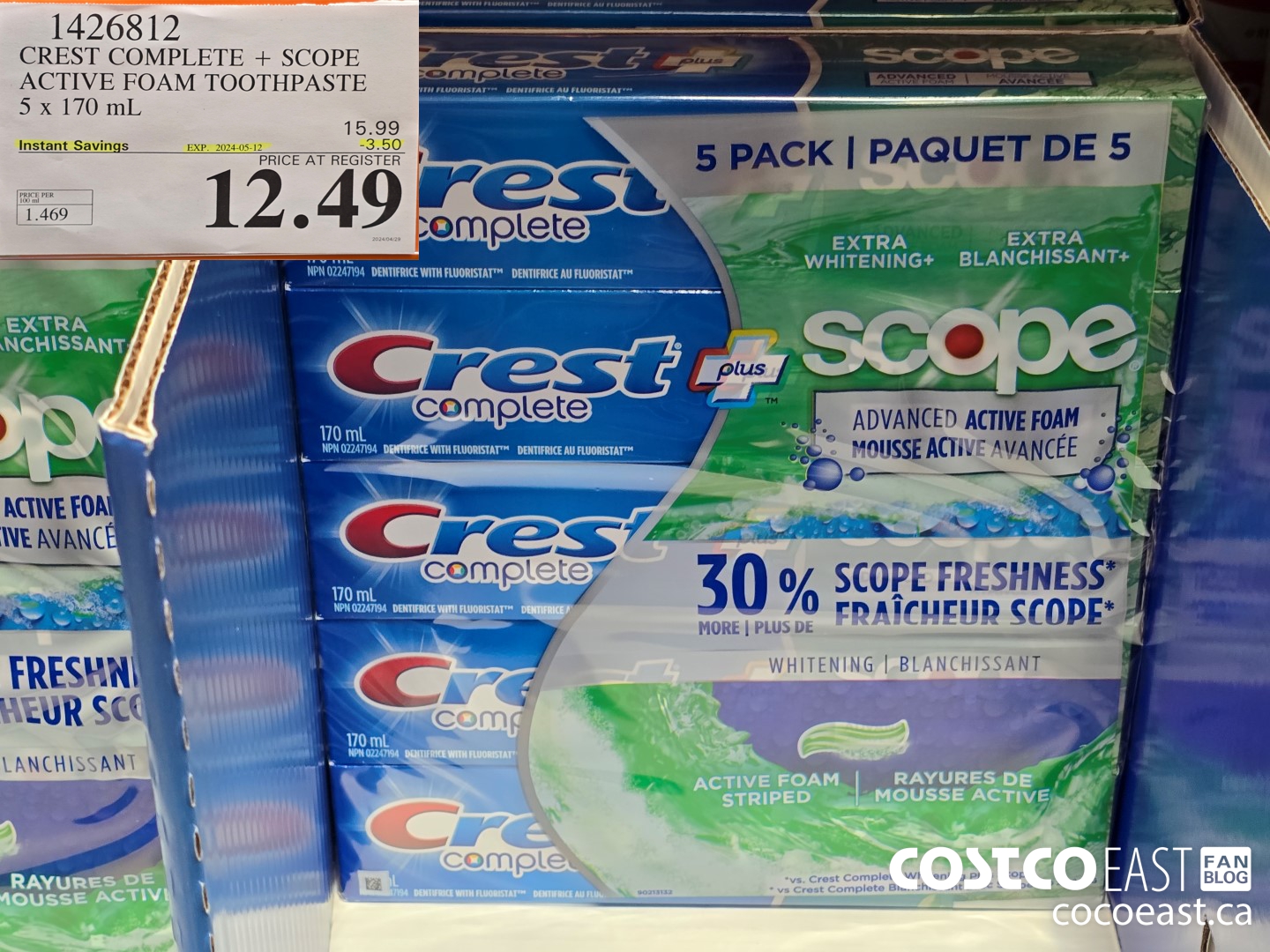 1426812 CREST COMPLETE + SCOPE ACTIVE FOAM TOOTHPASTE 5 X 170 ML ($3.50 INSTANT SAVINGS EXPIRES ON 2024-05-12) $12.49