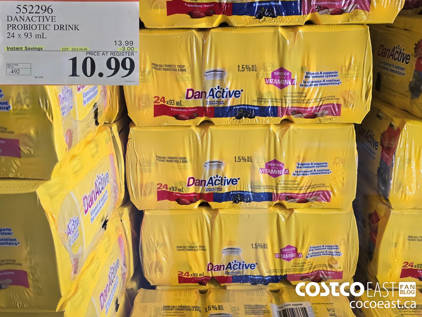 552296 DANACTIVE PROBIOTIC DRINK 24 X 93 ML ($3.00 INSTANT SAVINGS EXPIRES ON 2024-06-09) $10.99