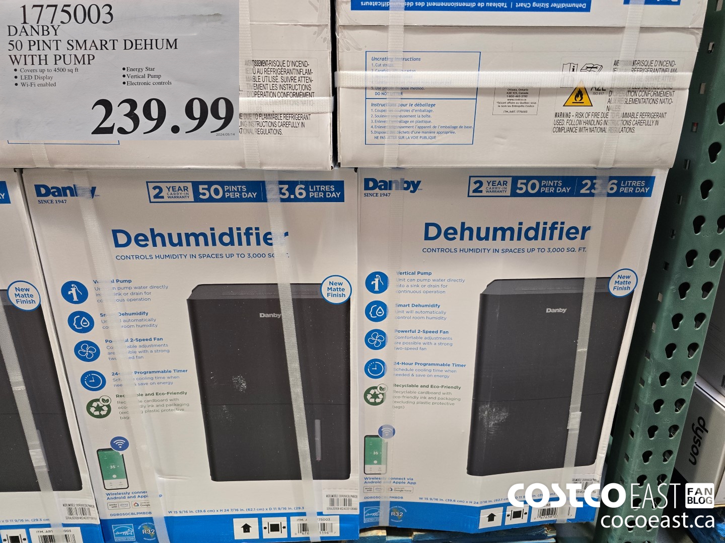 1775003 DANBY 50 PINT SMART DEHUM WITH PUMP $239.99