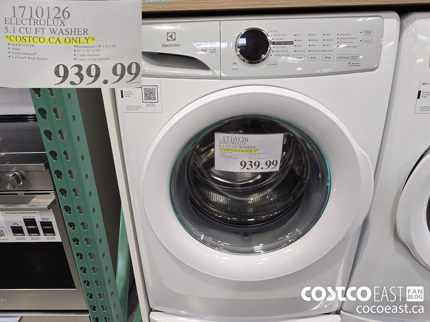 1710126 ELECTROLUX 5.1 CU FT WHITE WASHER *COSTCO.CA ONLY* $939.99