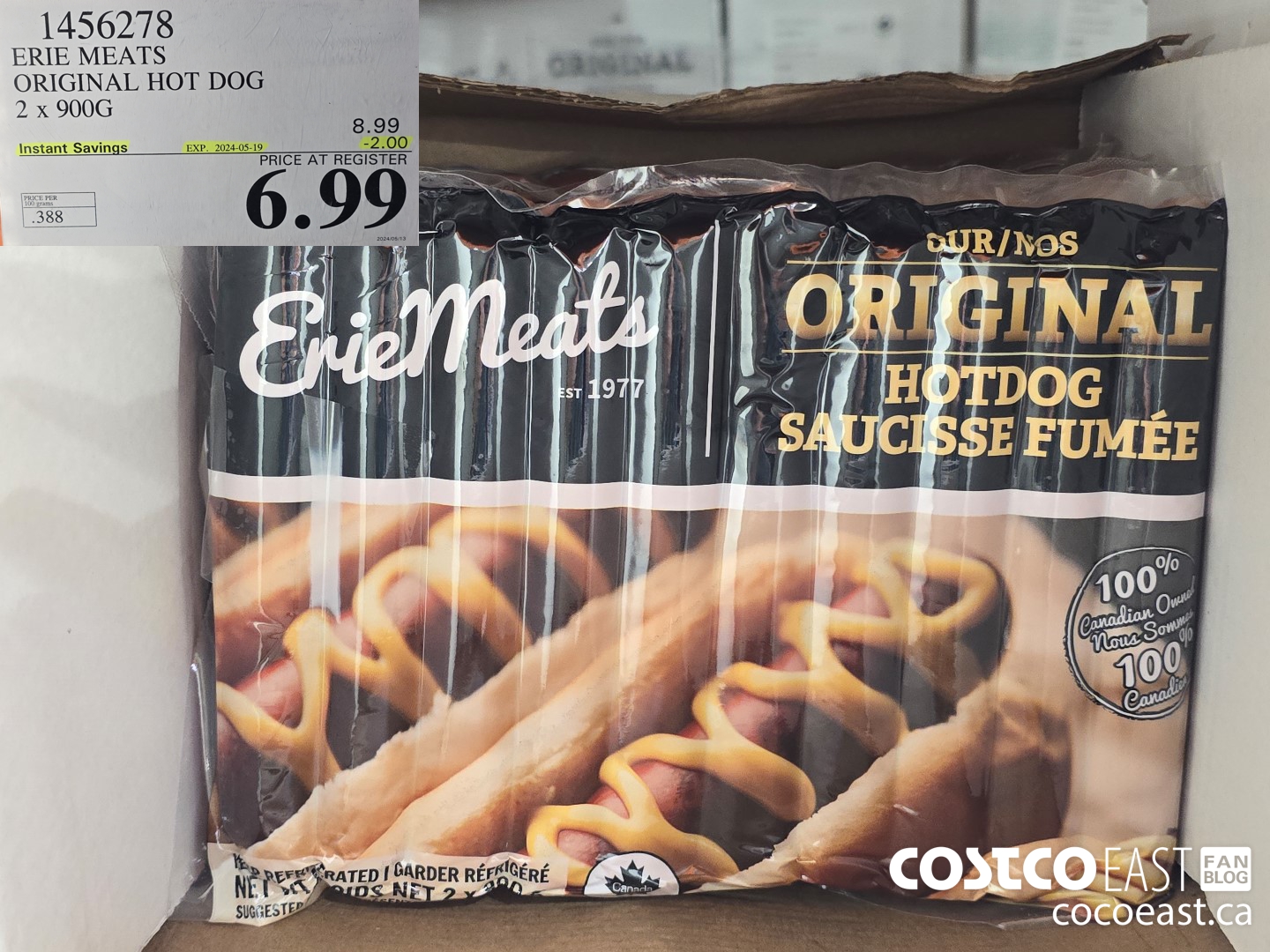 1456278 ERIE MEATS ORIGINAL HOT DOG 2 X 900G ($2.00 INSTANT SAVINGS EXPIRES ON 2024-05-19) $6.99
