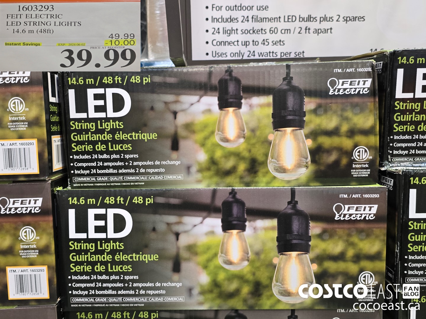 1603293 FEIT ELECTRIC LED STRING LIGHTS “14.6 m (48ft) ($10.00 INSTANT SAVINGS EXPIRES ON 2024-06-02) $39.99