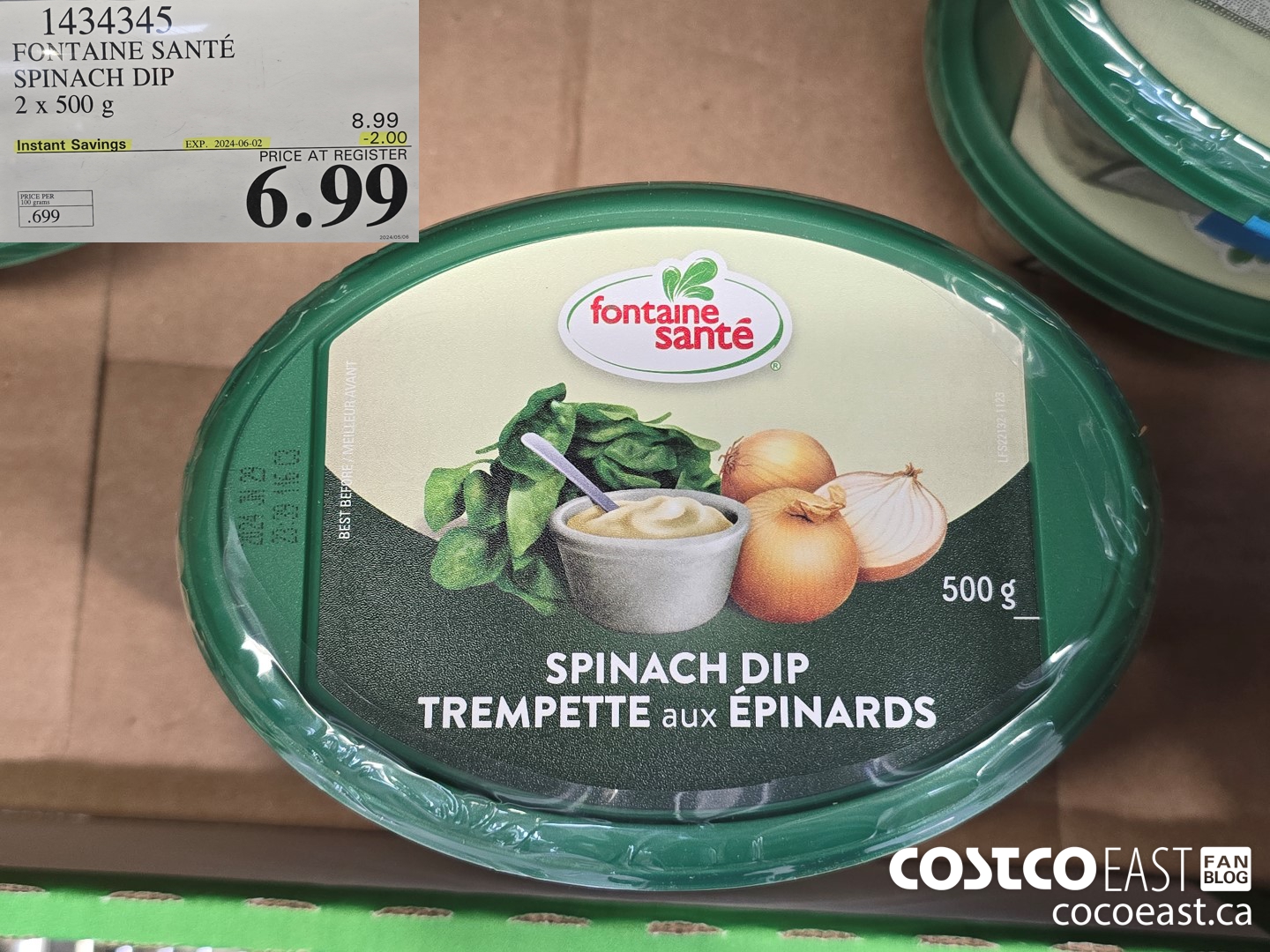 1434345 FONTAINE SANTE SPINACH DIP 2 x 500 g ($2.00 INSTANT SAVINGS EXPIRES ON 2024-06-02) $6.99