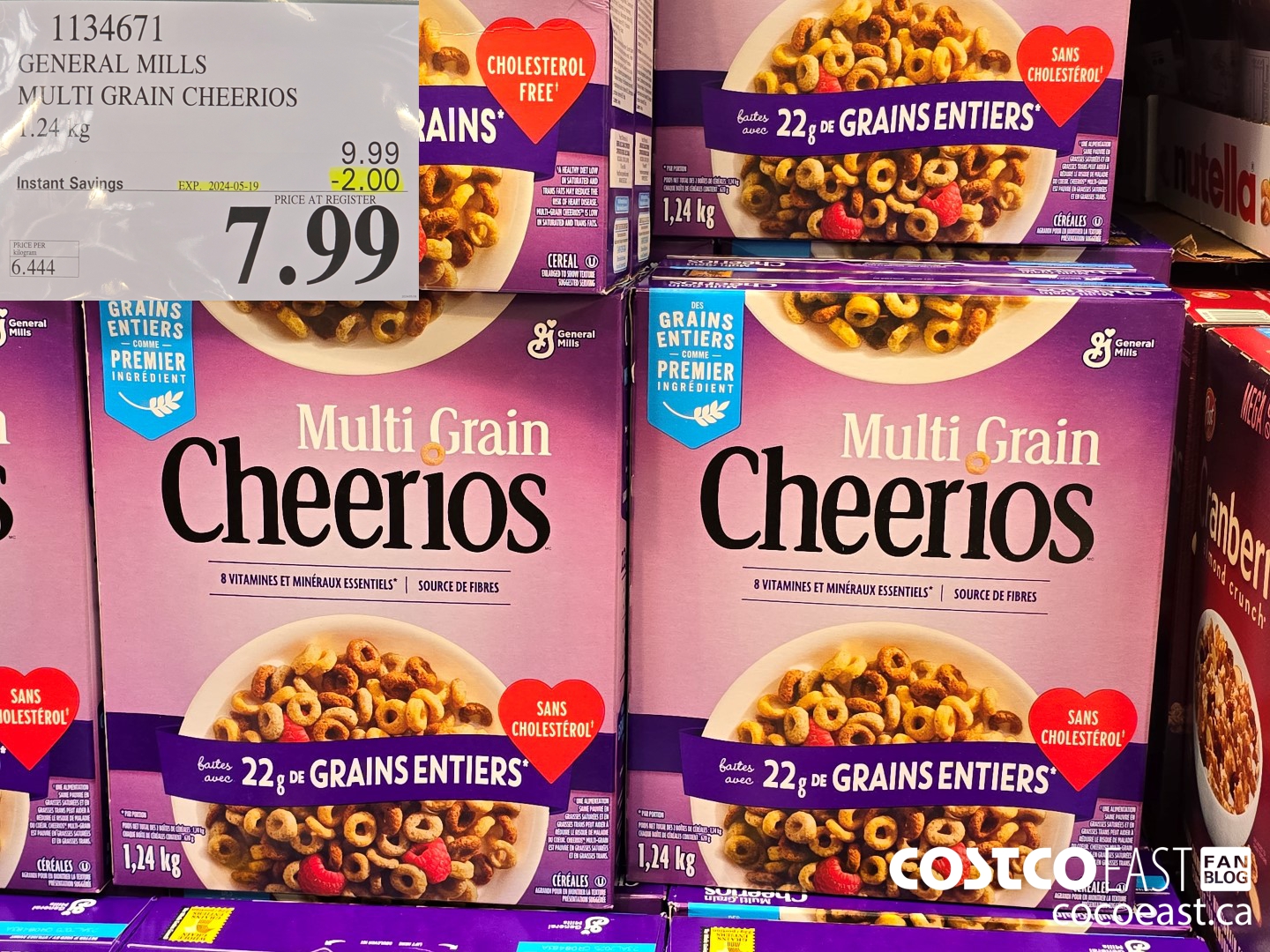 1134671 GENERAL MILLS MULTI-GRAIN CHEERIOS 1.24 KG ($2.00 INSTANT SAVINGS EXPIRES ON 2024-05-19) $7.99