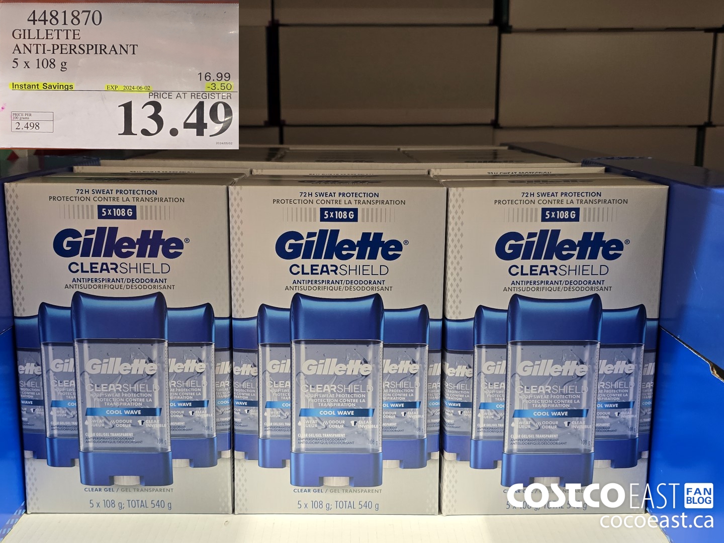 4481870 GILLETTE ANTI-PERSPIRANT 5 x 108g ($3.50 INSTANT SAVINGS EXPIRES ON 2024-06-02) $13.49