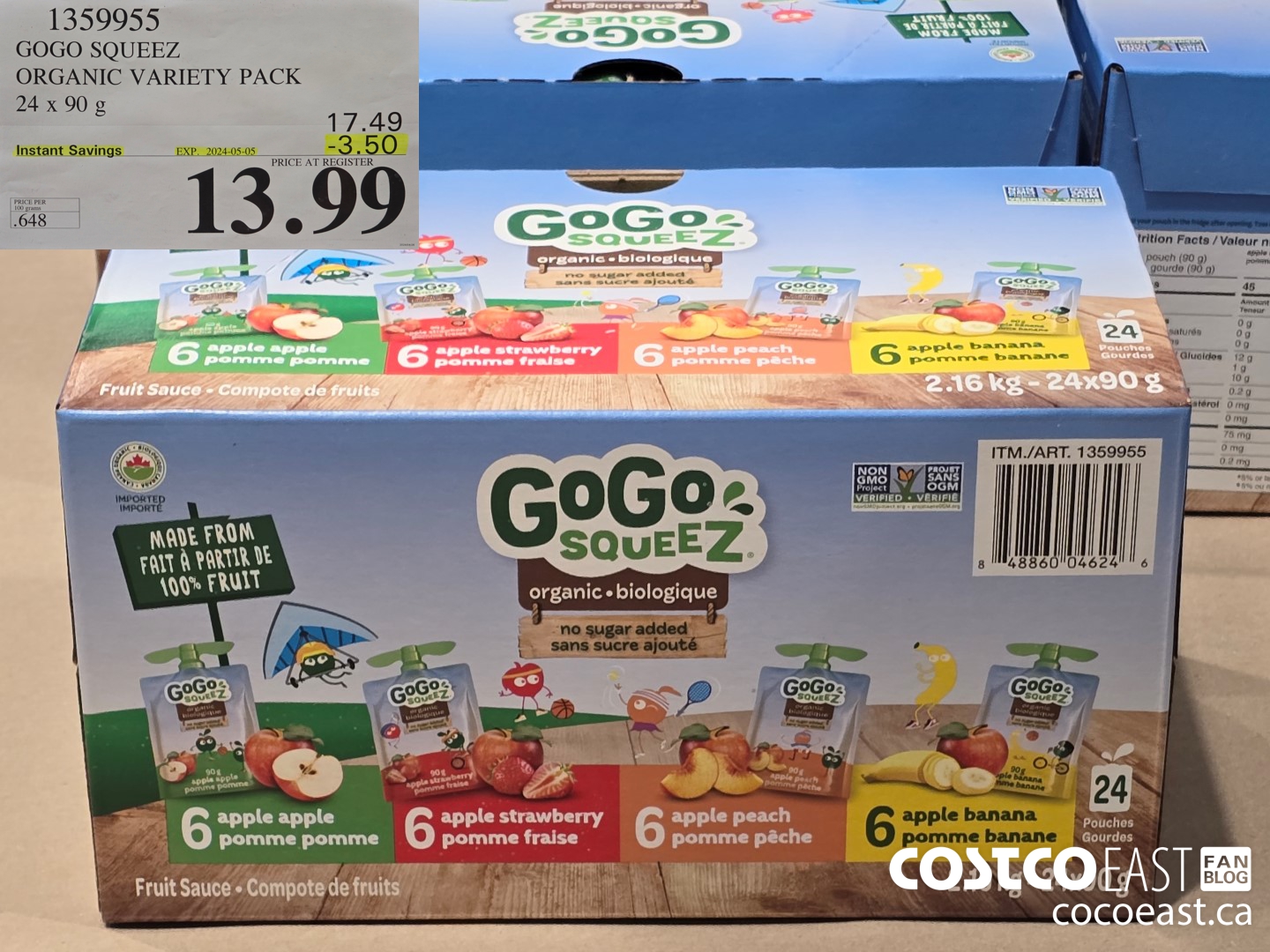 1359955 GOGC SQUEEZ ORGANIC VARIETY PACK 24 x 90 g ($3.50 INSTANT SAVINGS EXPIRES ON 2024-05-05) $13.99