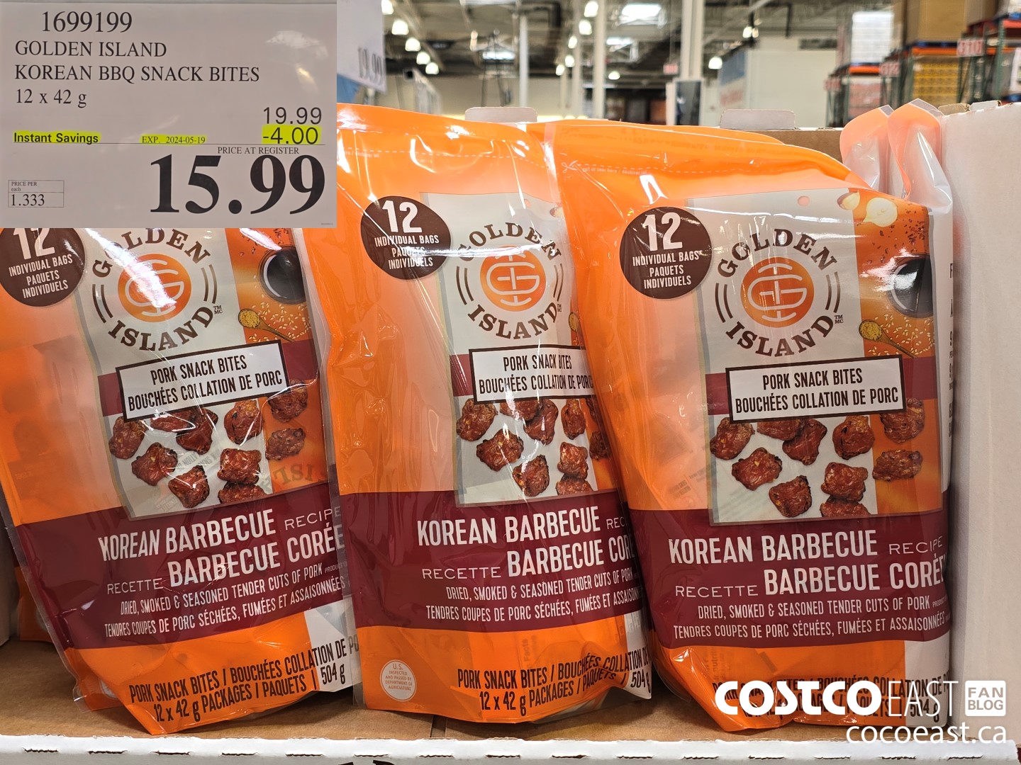 1699199 GOLDEN ISLAND KOREAN BBQ SNACK BITES 12x42 g ($4.00 INSTANT SAVINGS EXPIRES ON 2024-05-19) $15.99