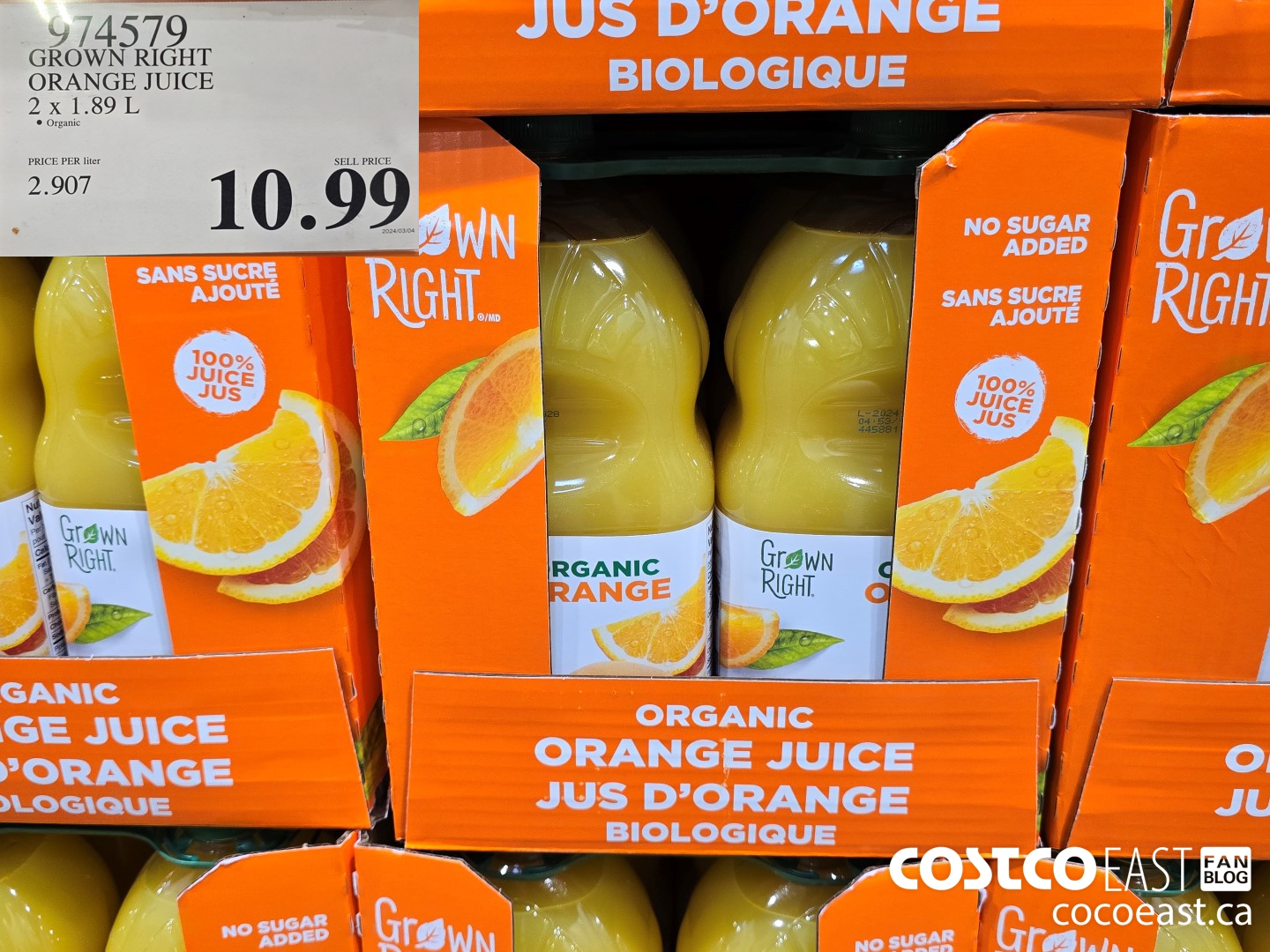 974579 GROWN RIGHT ORANGE JUICE 2 X 1.89 L $10.99